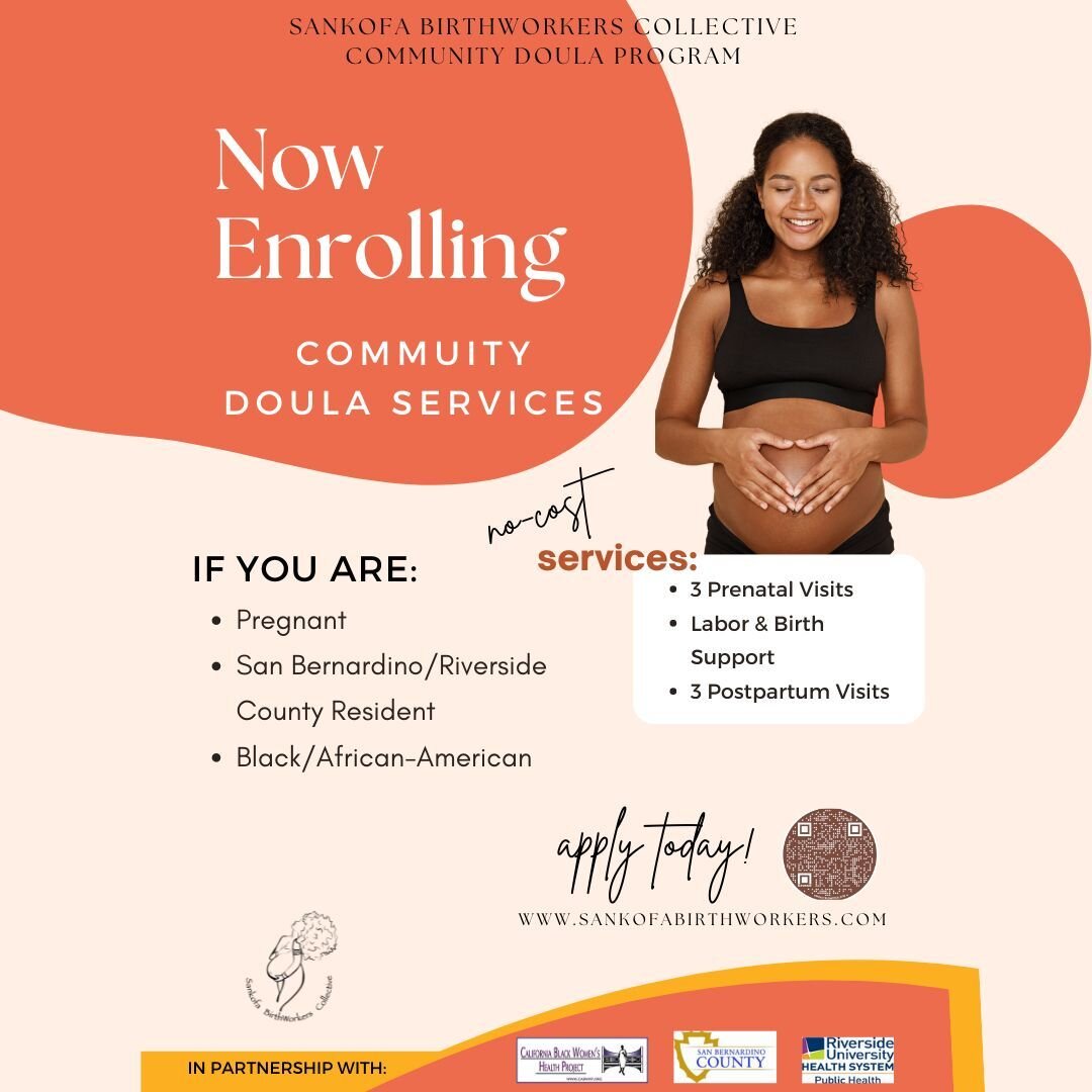 Exciting news for Black birthing families in Riverside &amp; San Bernardino counties! Apply for no-cost doula services today. Link in bio.