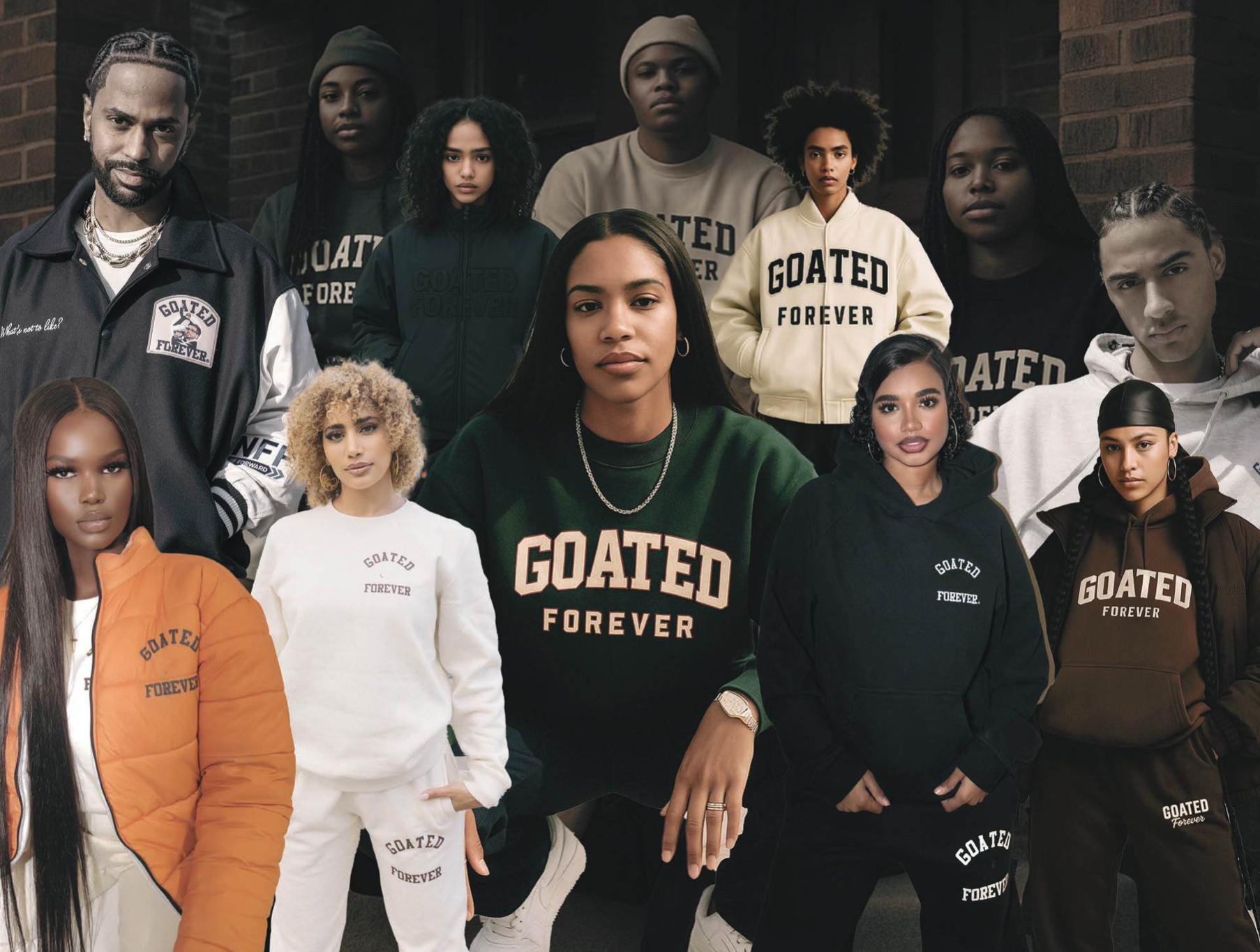 Goated Forever community wearing premium streetwear, representing the Society of the Upper Echelon and individuals living with purpose, leadership, and excellence.