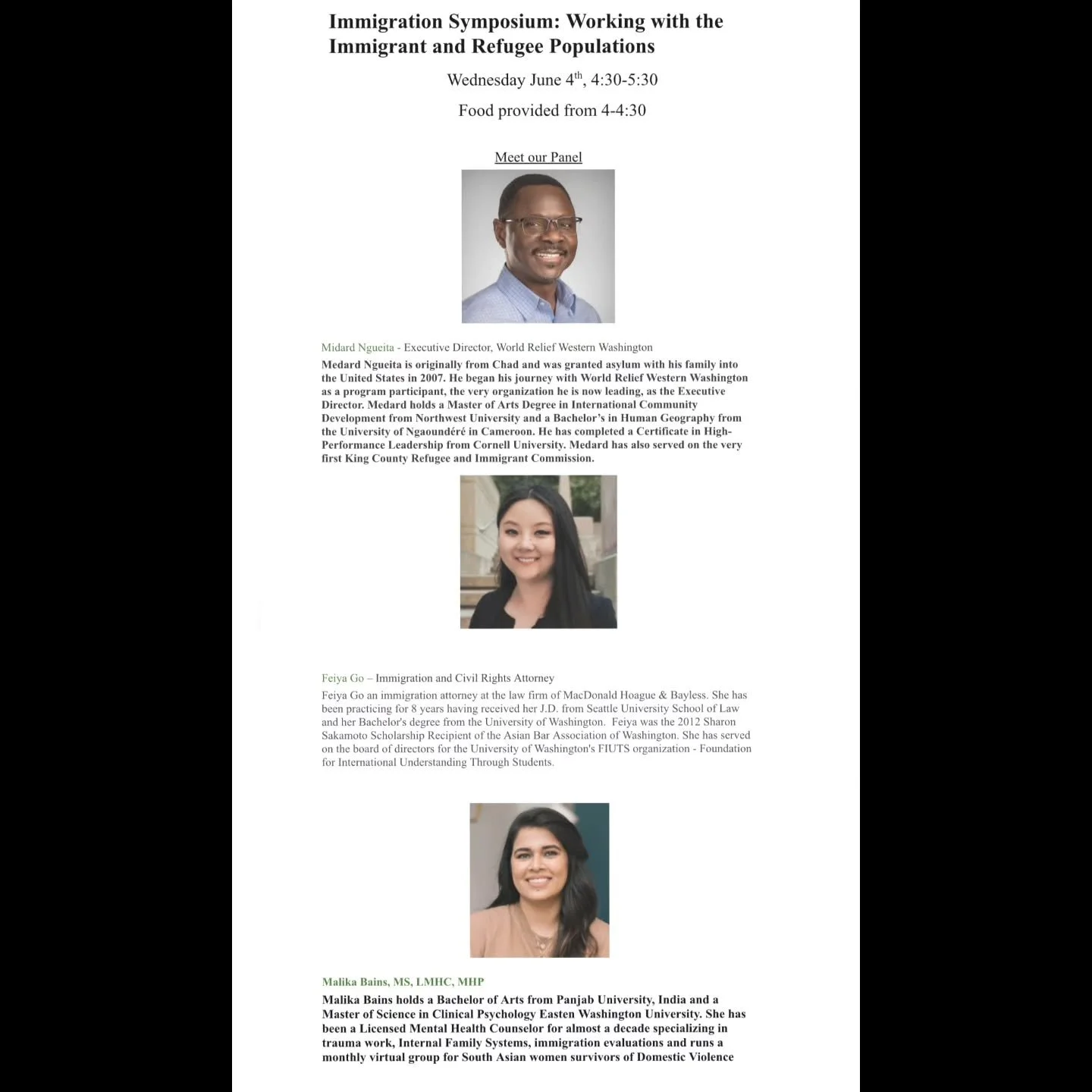 June Highlight 💫

Thank you for NorthWest University for having me as your panelist at the Immigration Symposium. It was an honor to share the space with Mr. Midard Ngueita and Ms. Feiya Go. It was hopeful to watch the upcoming psych professionals b