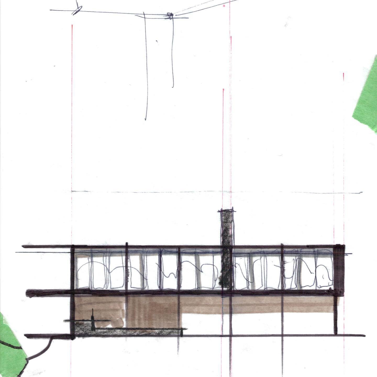 A hand sketch of a modernist pool house! Nice, simple linear lines with lots of glazing and a beautiful view of the harbour.