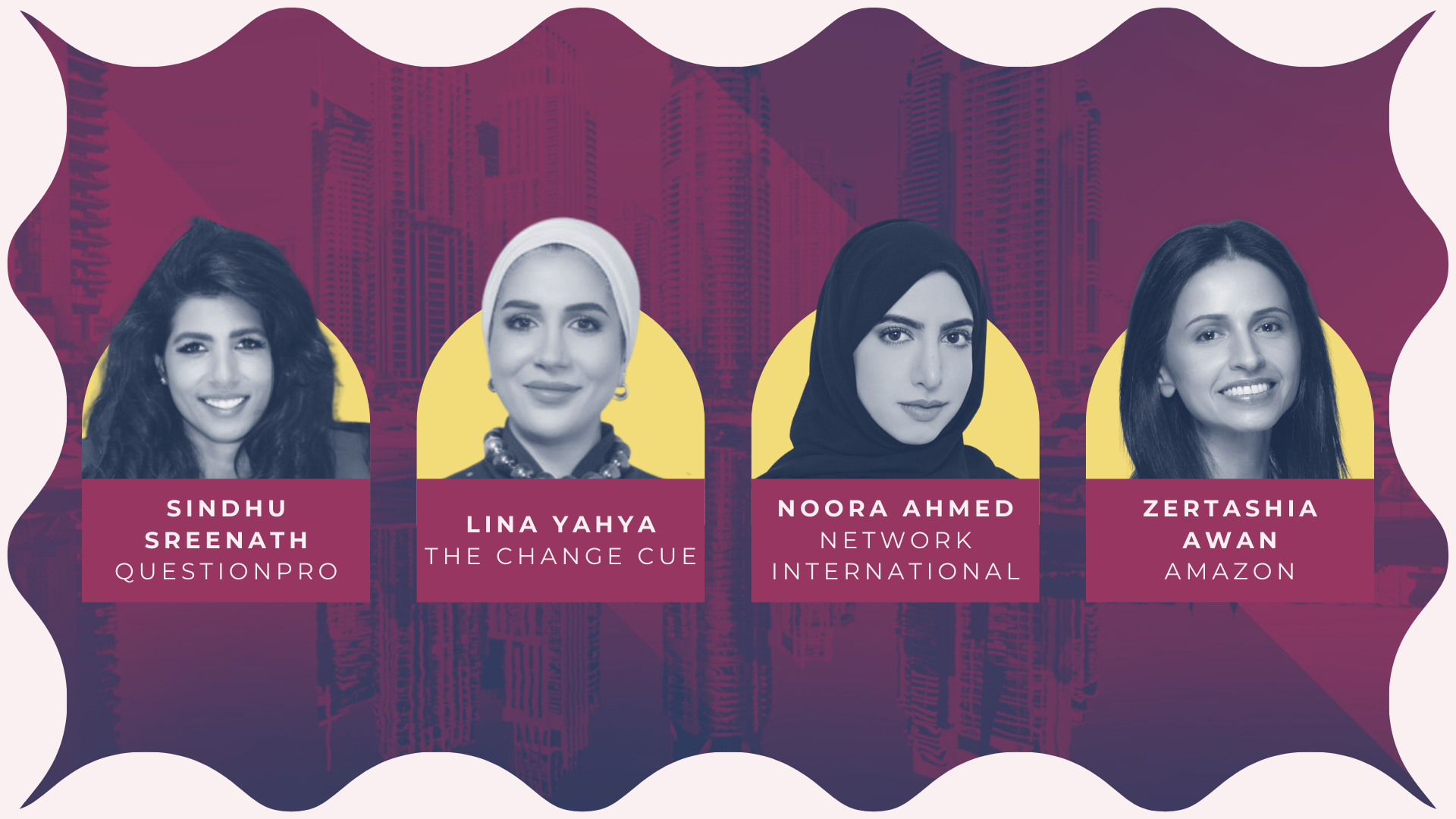 An image of the panel speakers: Sindhu Sreenath, Lina Yahya, Noora Ahmed, and Zertashia Awan