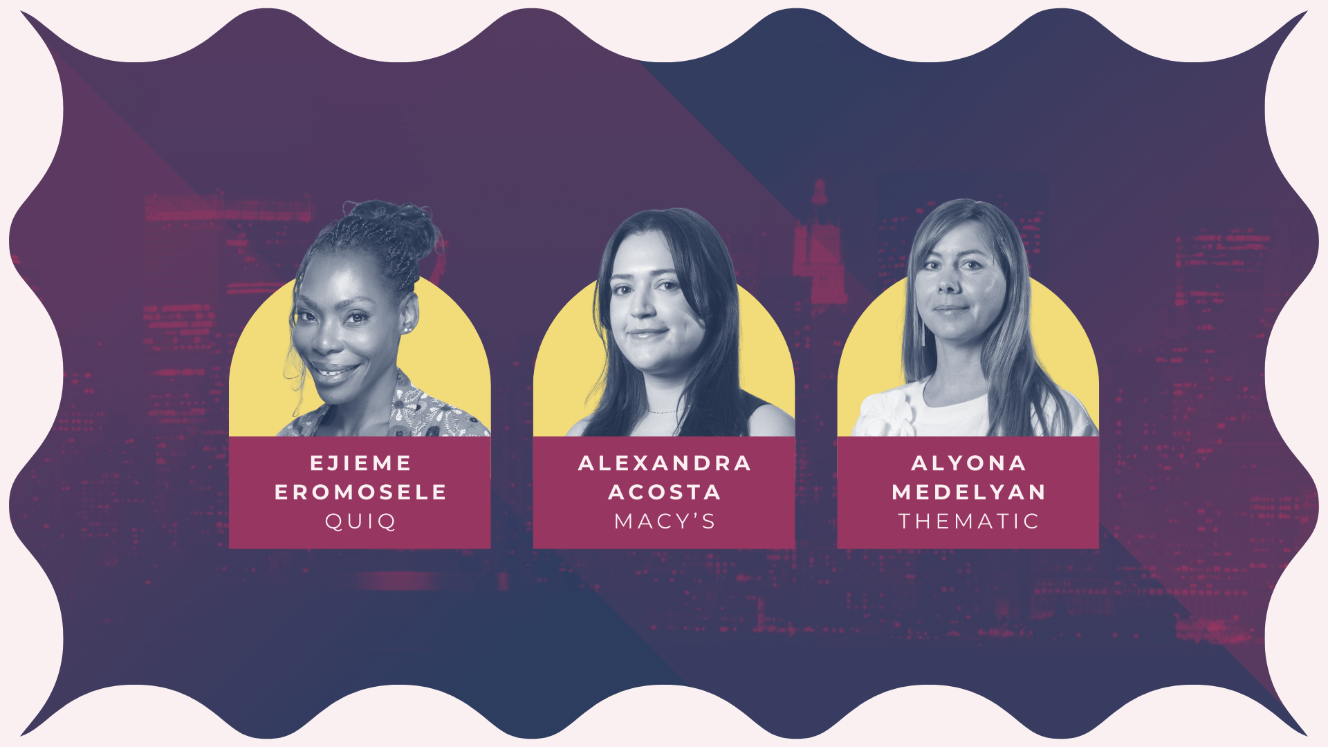 A visual image of the speakers, Ejieme Eromosele, Alexandra Acosta and Alyona Medelyan