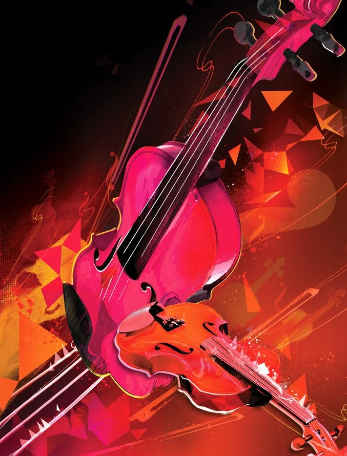 Violin exam handbook front cover illustration. illustrated classical music instruments.