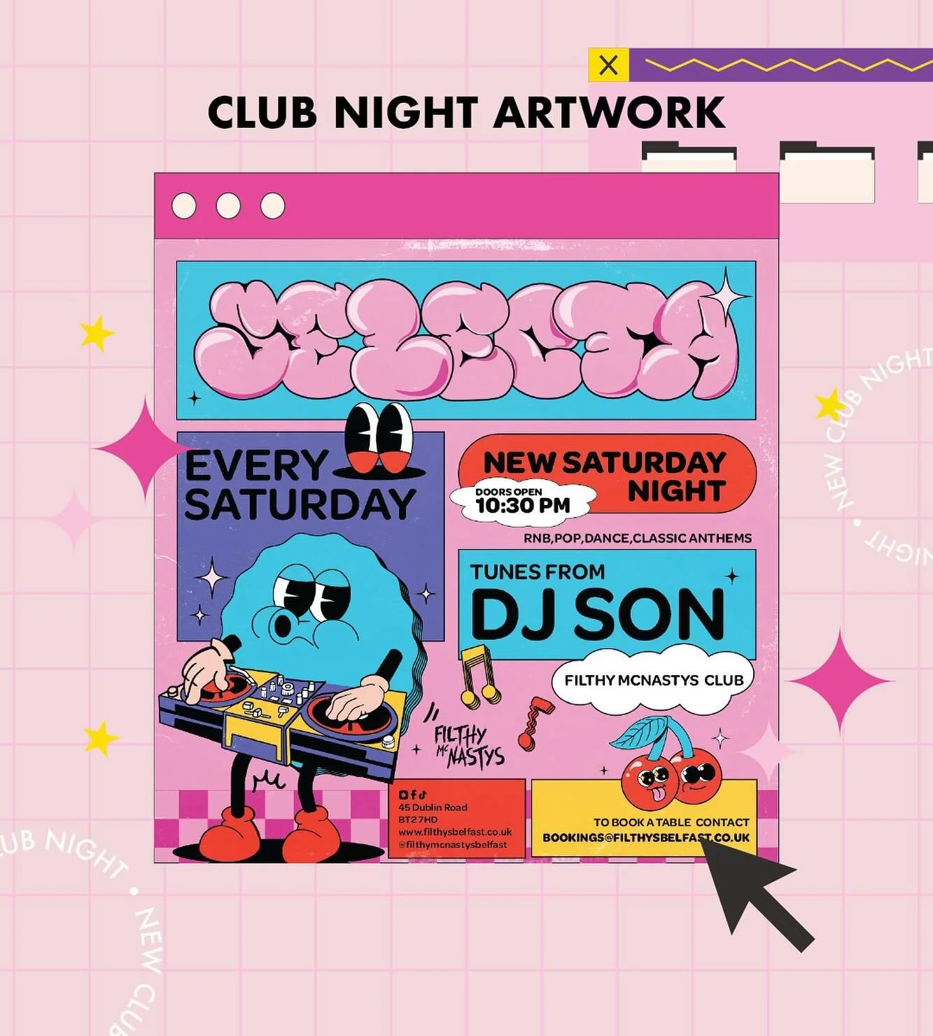 This was so fun to design! Bringing a silly and fun tone to @filthymcnastysbelfast new Saturday nights with some cartoon illustrations and vibrant colours!

Projects like this gets my creative juices flowing ✨ 

If you&rsquo;d like to add a quirky an