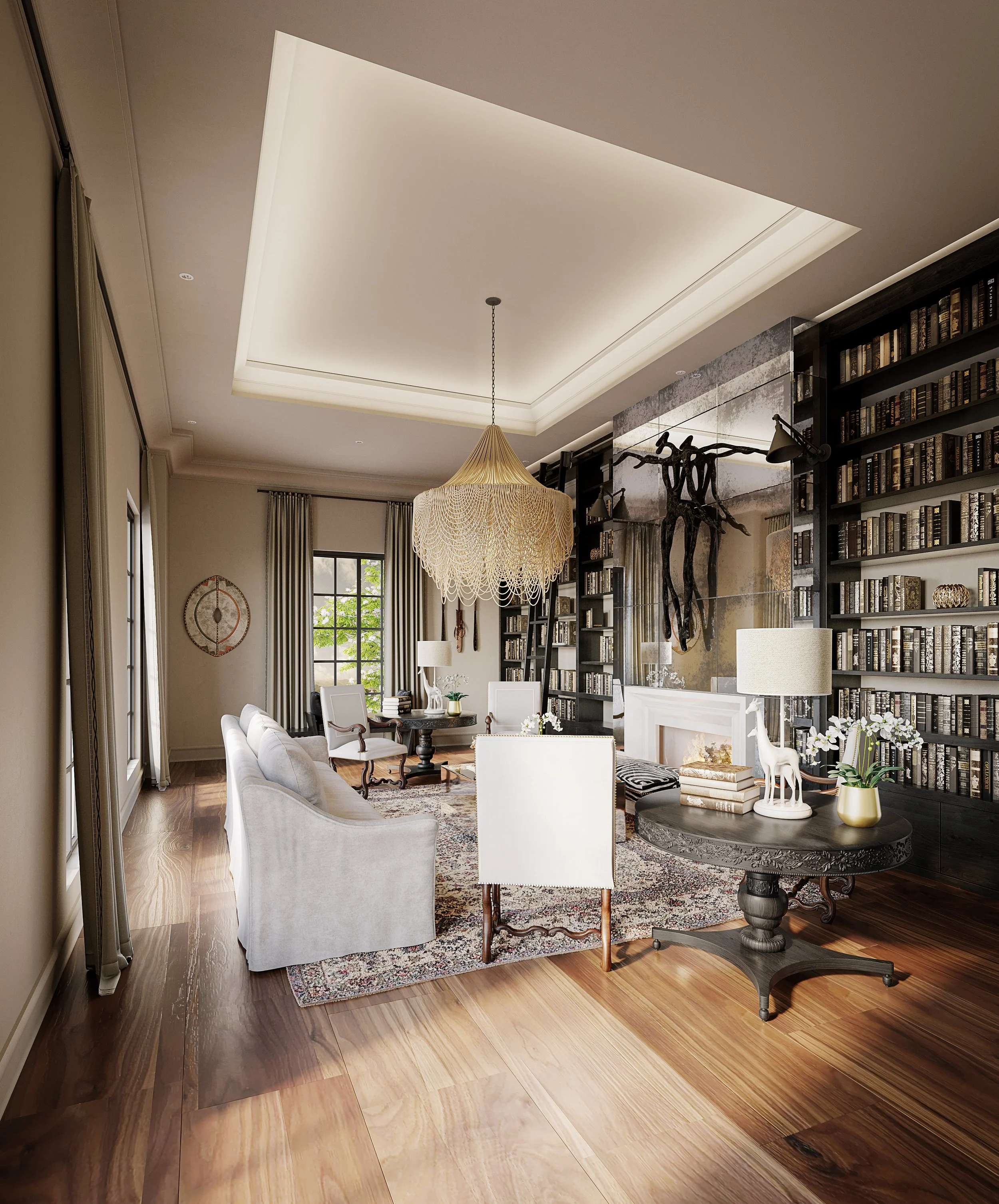3D interior render of a guest lounge featuring comfortable seating, warm lighting, and modern décor for hospitality or residential design