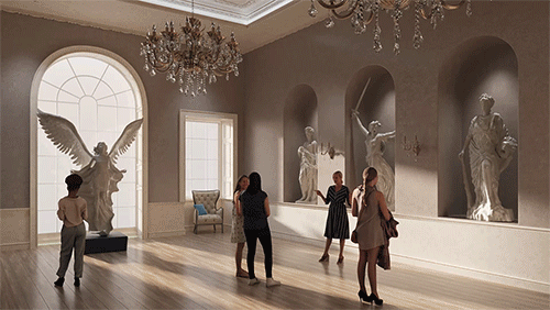 Animated 3D architectural render of a modern museum showcasing spatial design, lighting transitions, and exterior-to-interior walkthrough