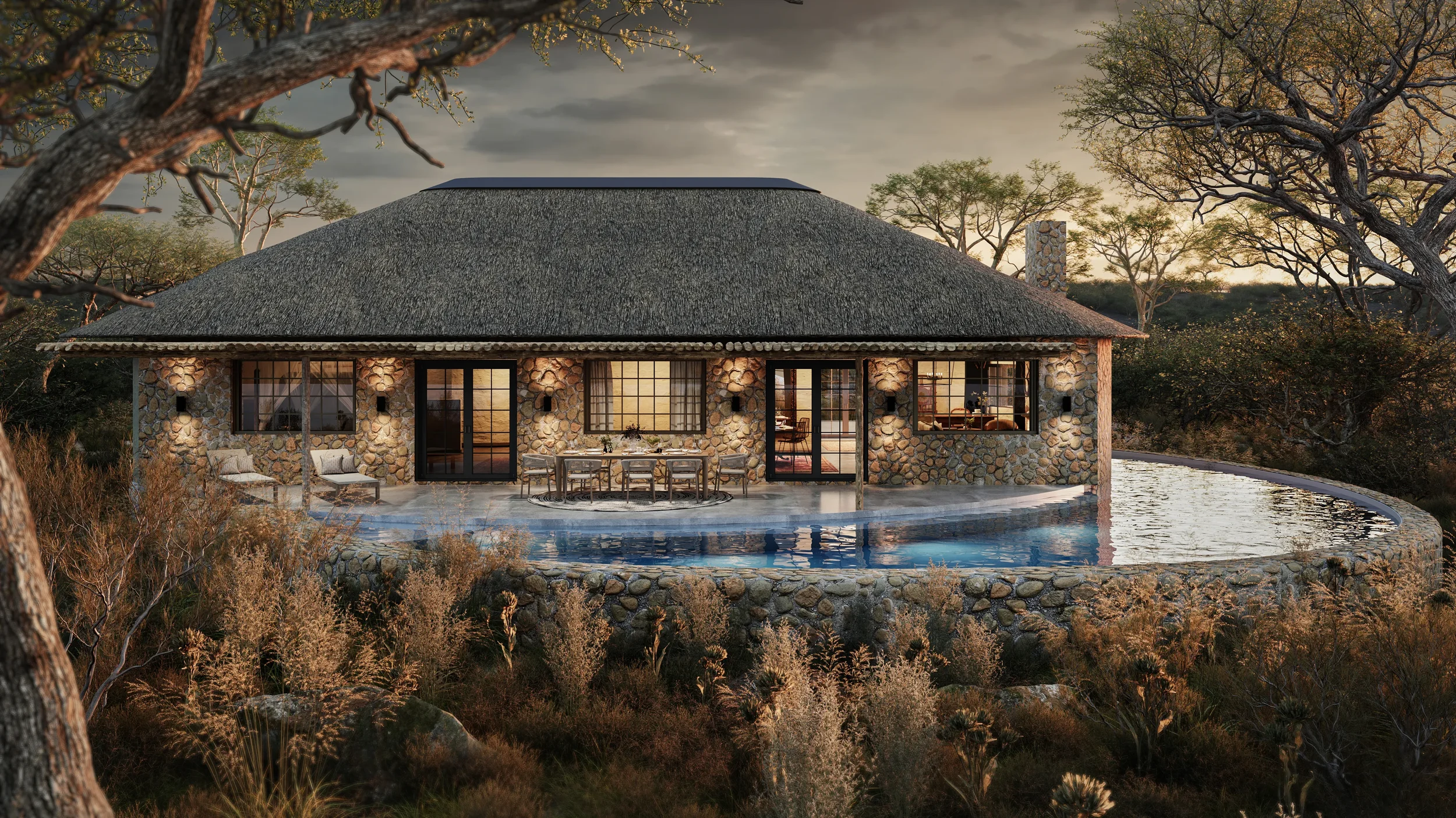 3D rendering of private lodge guest accommodation with outdoor deck