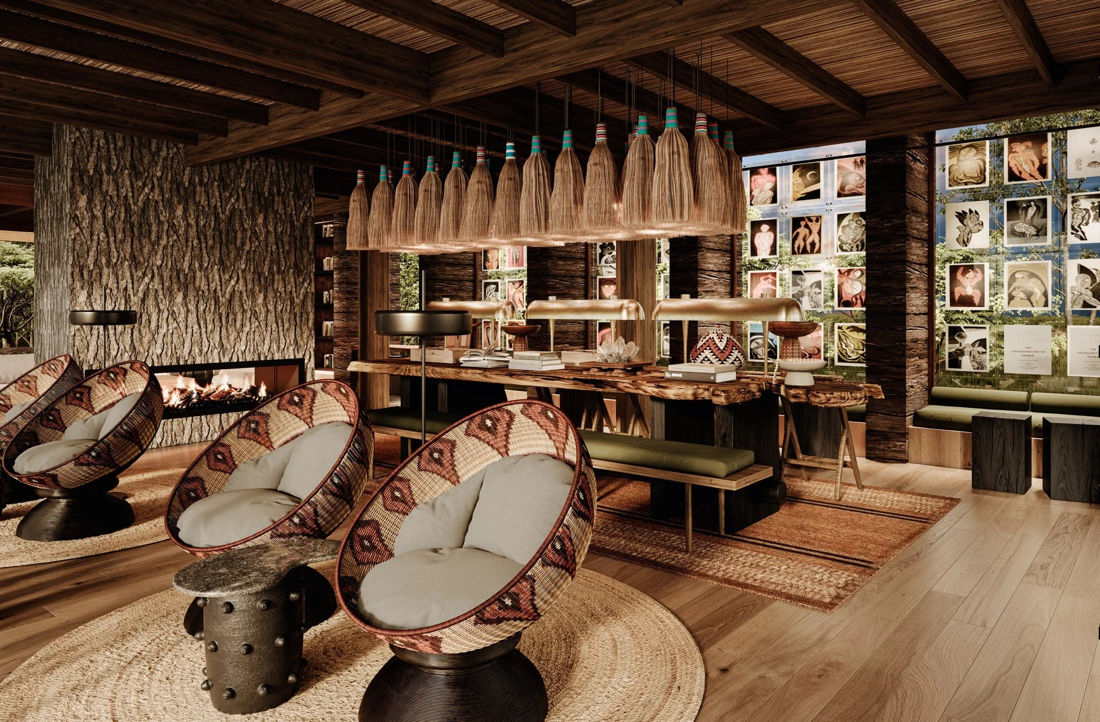 Library — Design render
A layered gathering space

The render centres on a long timber table beneath a cluster of fibre pendants. Artwork displayed across the windows and a textured fireplace wall create a richly layered interior.