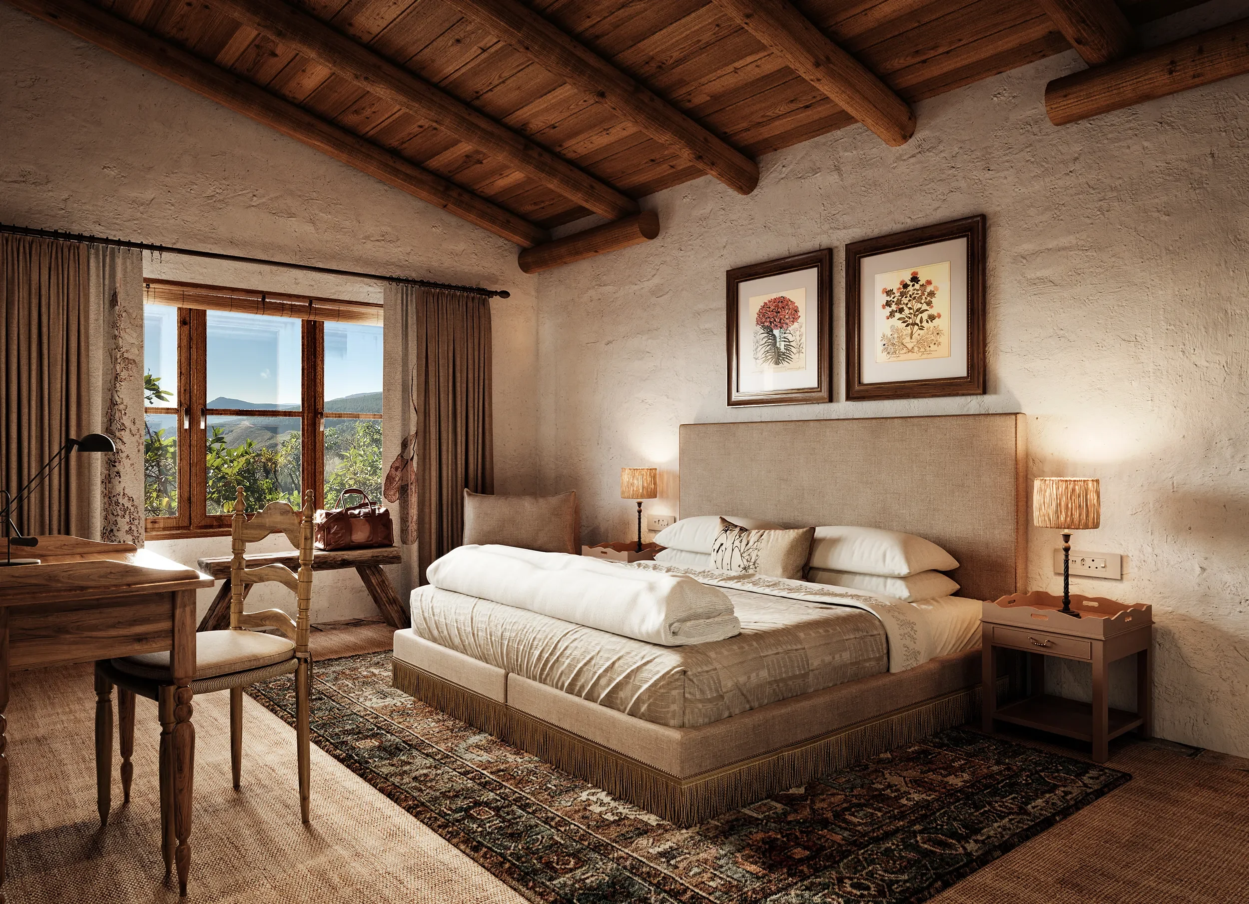 3D rendering of cozy lodge bedroom interior design