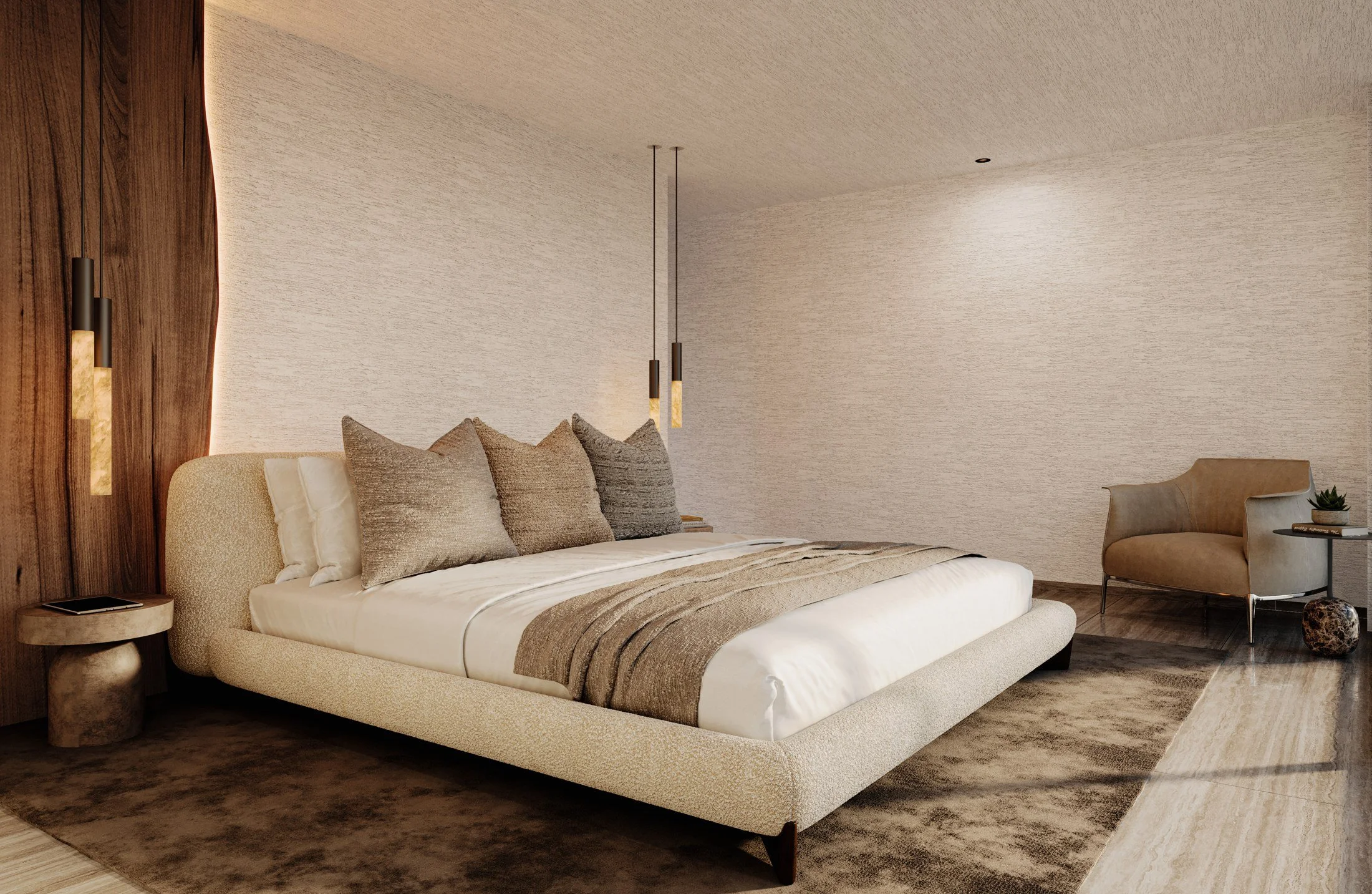 Main Bedroom — Design render
A feature wall with a quiet palette

A tall timber panel and slim suspended bedside lights provide the main focal points in the render. An upholstered bed and layered neutral textiles soften the composition.