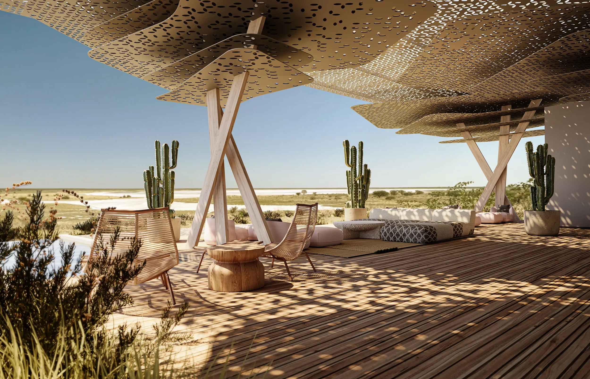3D rendering of outdoor lounge area at luxury lodge overlooking African salt pan