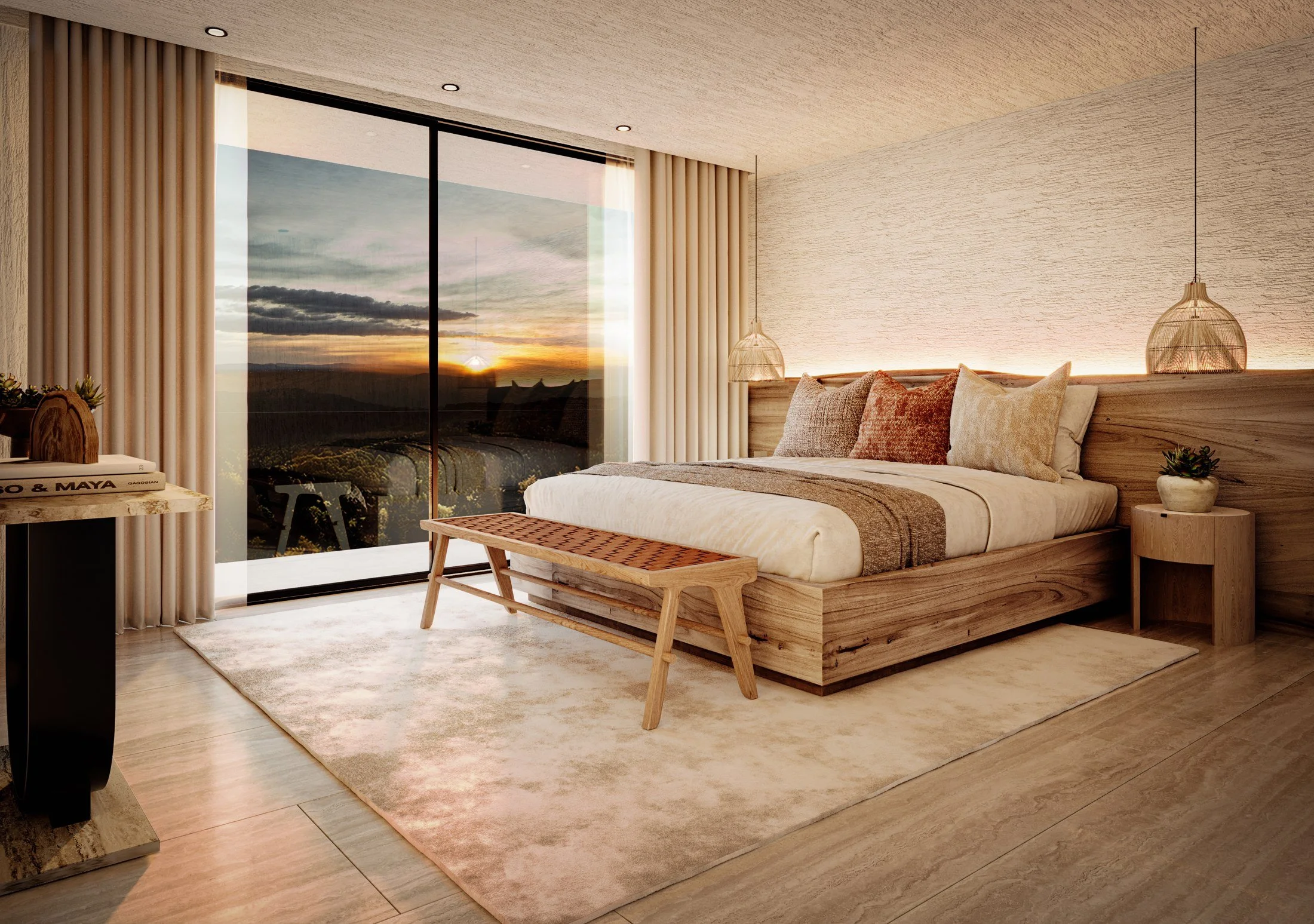 Bedroom 02 — Design render
Natural textures and warm accents

The render pairs a broad timber headboard with woven pendants, a bench and rust-coloured cushions. Full-height glazing brings the surrounding landscape into the room.