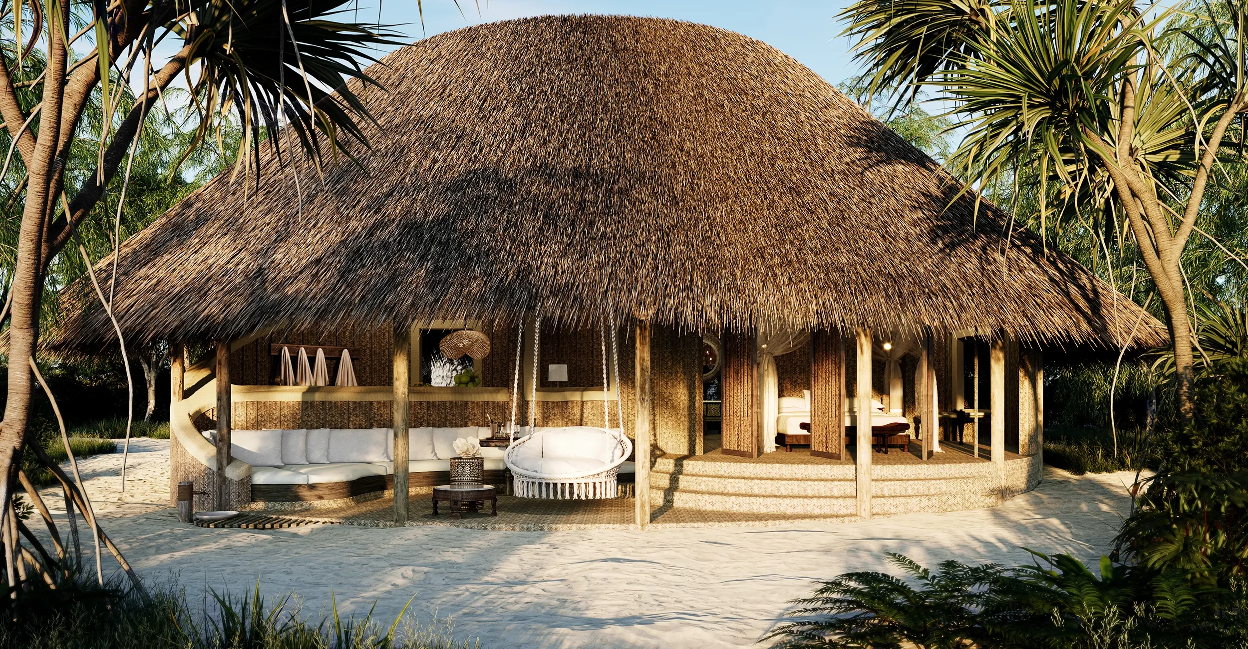 3D rendering of a tropical beach villa with a thatched roof and open-air living spaces. Architectural visualization highlights a luxury eco-resort bungalow featuring natural materials, shaded lounge areas, and modern interior design integrated with t
