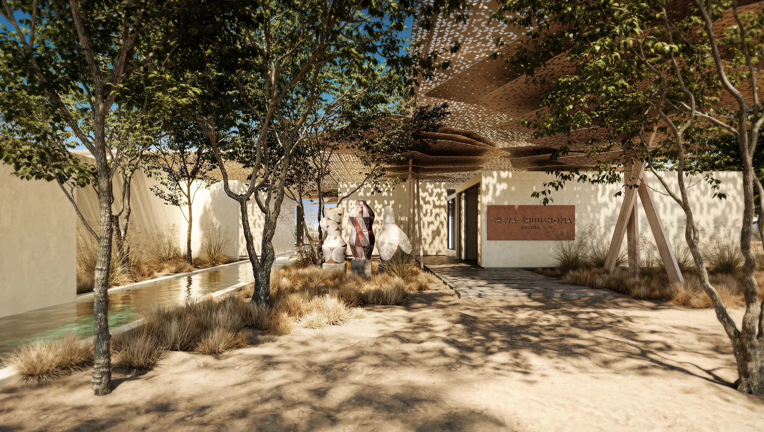Photo-realistic 3D render of lodge arrival courtyard with desert-inspired design