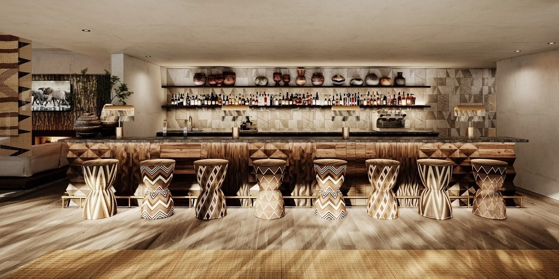 Bar — Design render
Pattern, rhythm and sculpted surfaces

The render presents a long bar with a sculpted front, geometric wall tiles and hourglass-shaped stools. Horizontal display shelves and patterned lamps tie the composition together.