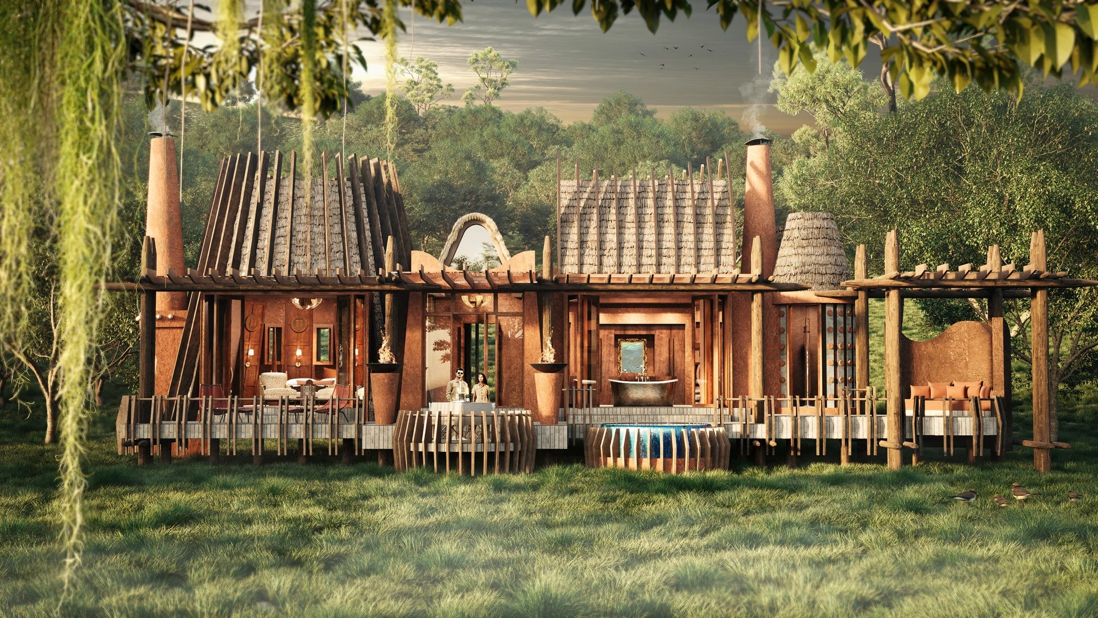 Guest Suite Exterior — Competition render
A distinctive architectural identity

The frontal view brings the sculptural roof forms, tall chimneys and layered timber elements into focus. Openings reveal the interior while the deck and plunge pool exten