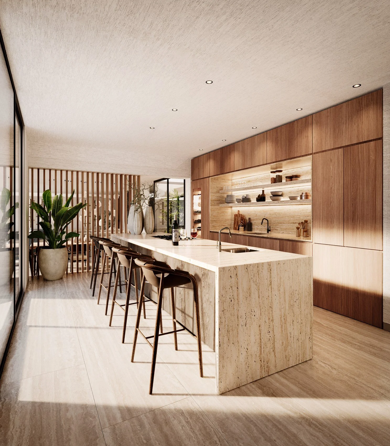 Kitchen — Design render
Timber, stone and integrated light

The proposed kitchen centres on a long island with a waterfall edge, framed by timber cabinetry and illuminated open shelves. A slatted screen connects it visually to the dining area.