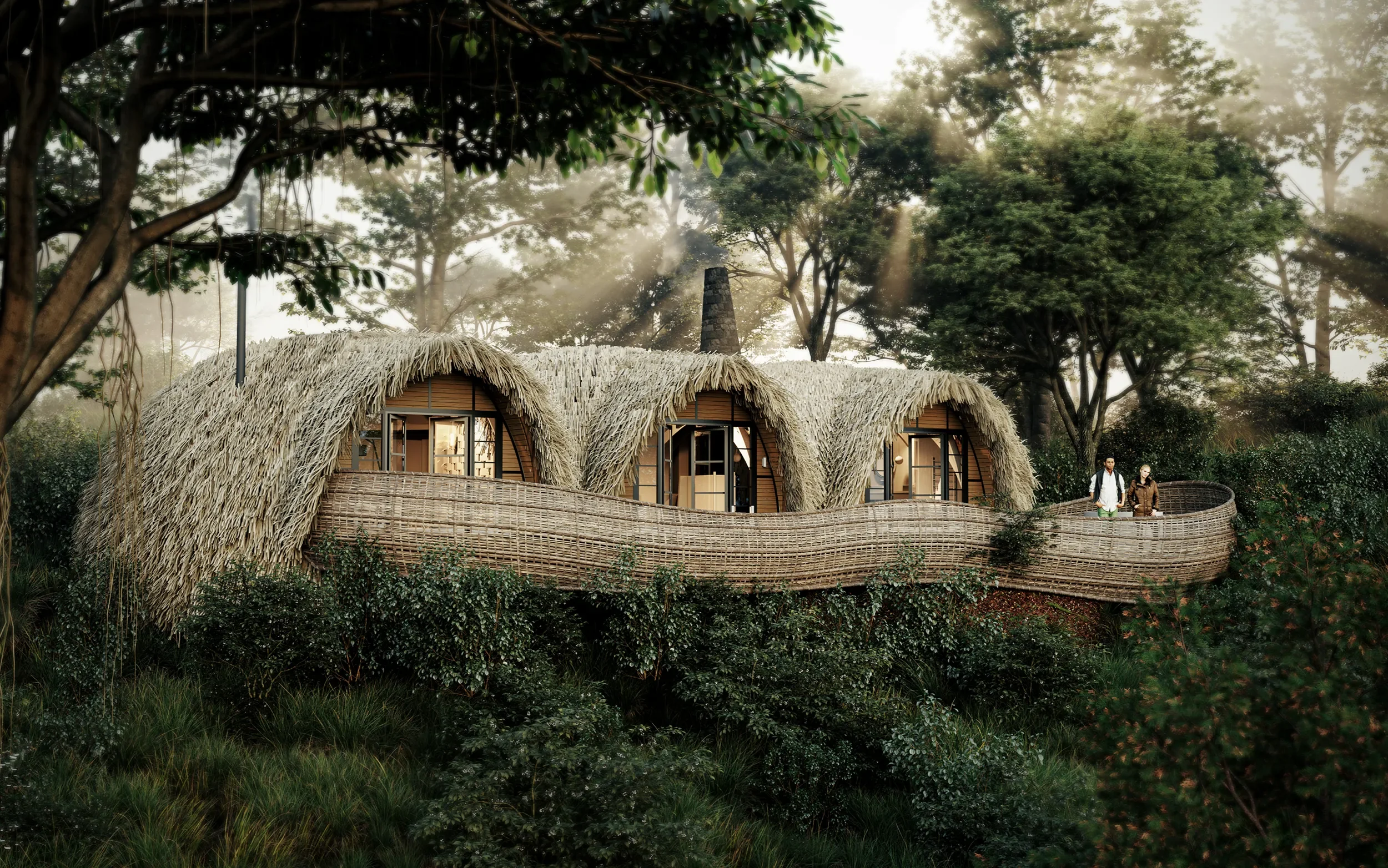 3D rendering of a luxury eco-lodge with a thatched roof, surrounded by lush forest. Architectural visualization shows a sustainable guest lodge design with organic forms, natural materials, and elevated wooden terraces, blending seamlessly into the t