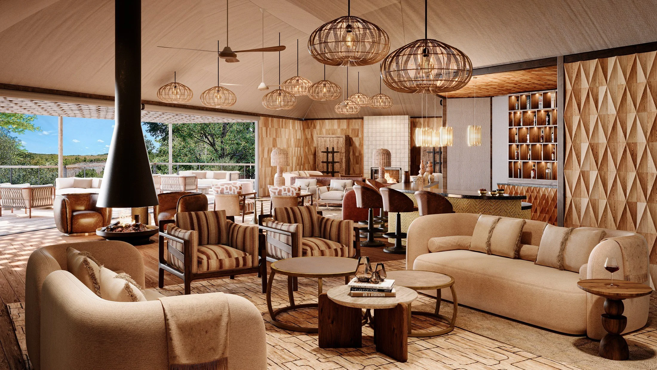 Bar Lounge — Design render
A recognisable design language

Geometric timber wall panels, woven pendants and a suspended black fireplace provide clear points of comparison between the visualisation and the completed lounge.