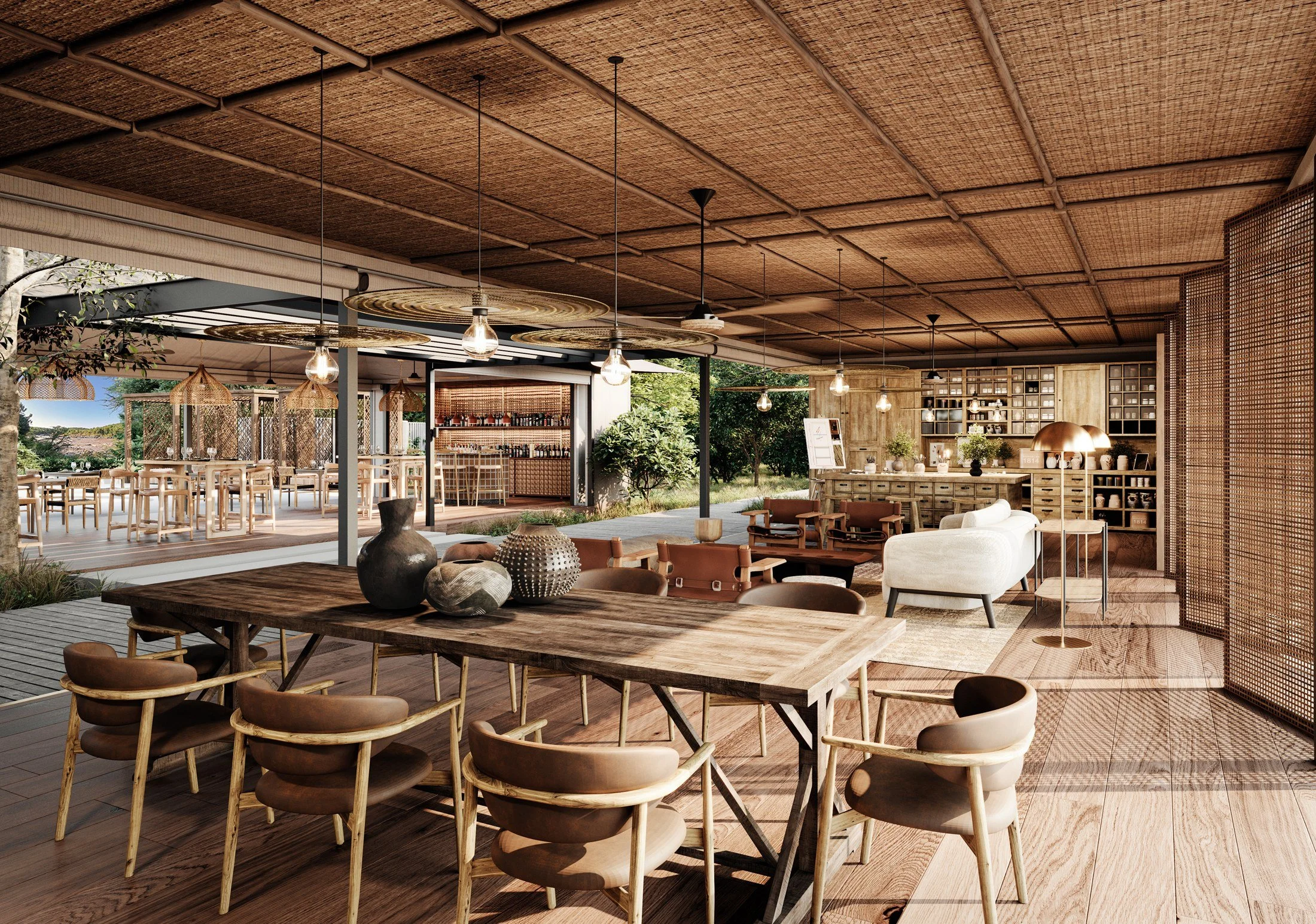 Discovery Lounge — Design render
Material, light and connection

The woven ceiling, broad pendant shades and timber furniture establish a warm, tactile interior. Both views show the lounge opening onto the adjacent bar and deck.
