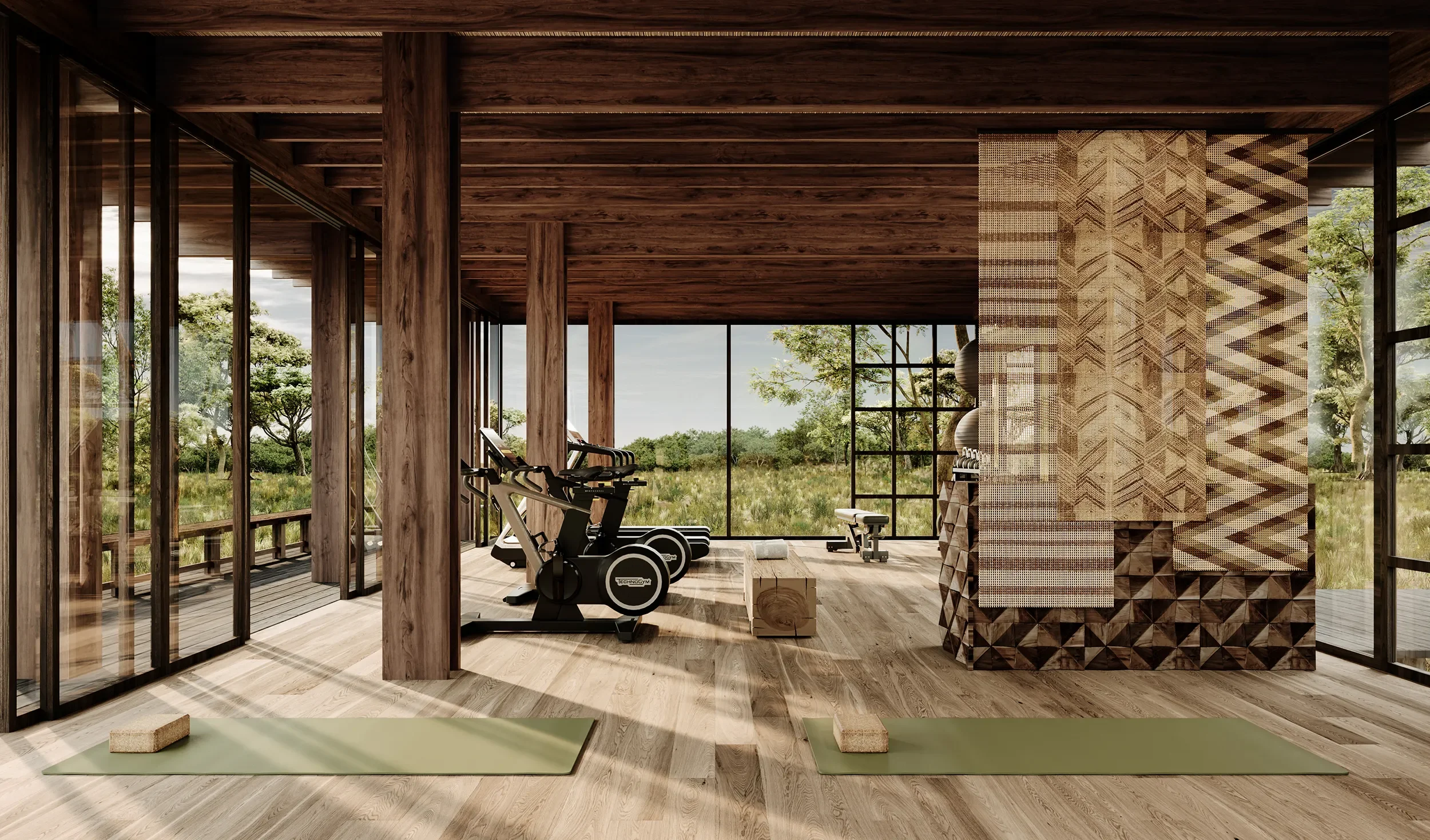 Architectural 3D visualization of a lodge-style fitness room in a natural setting