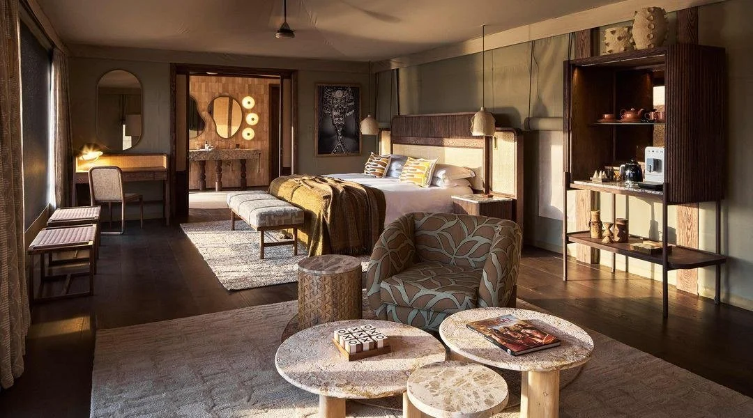 Tented Suite — Completed build
Visualising the guest experience

The pairing shows how the room's warm palette and layered textures translated into the finished space, alongside changes to lighting, upholstery and detailing.