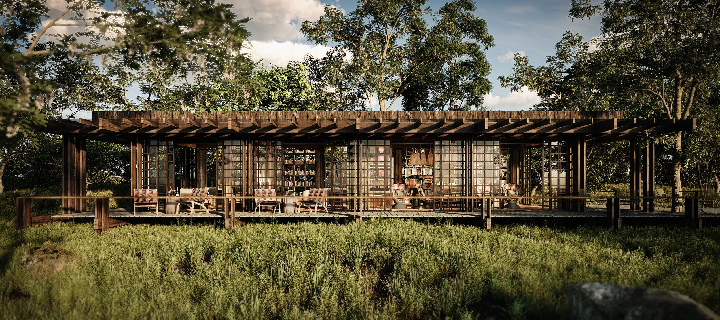 3D architectural render of communal guest space in African lodge