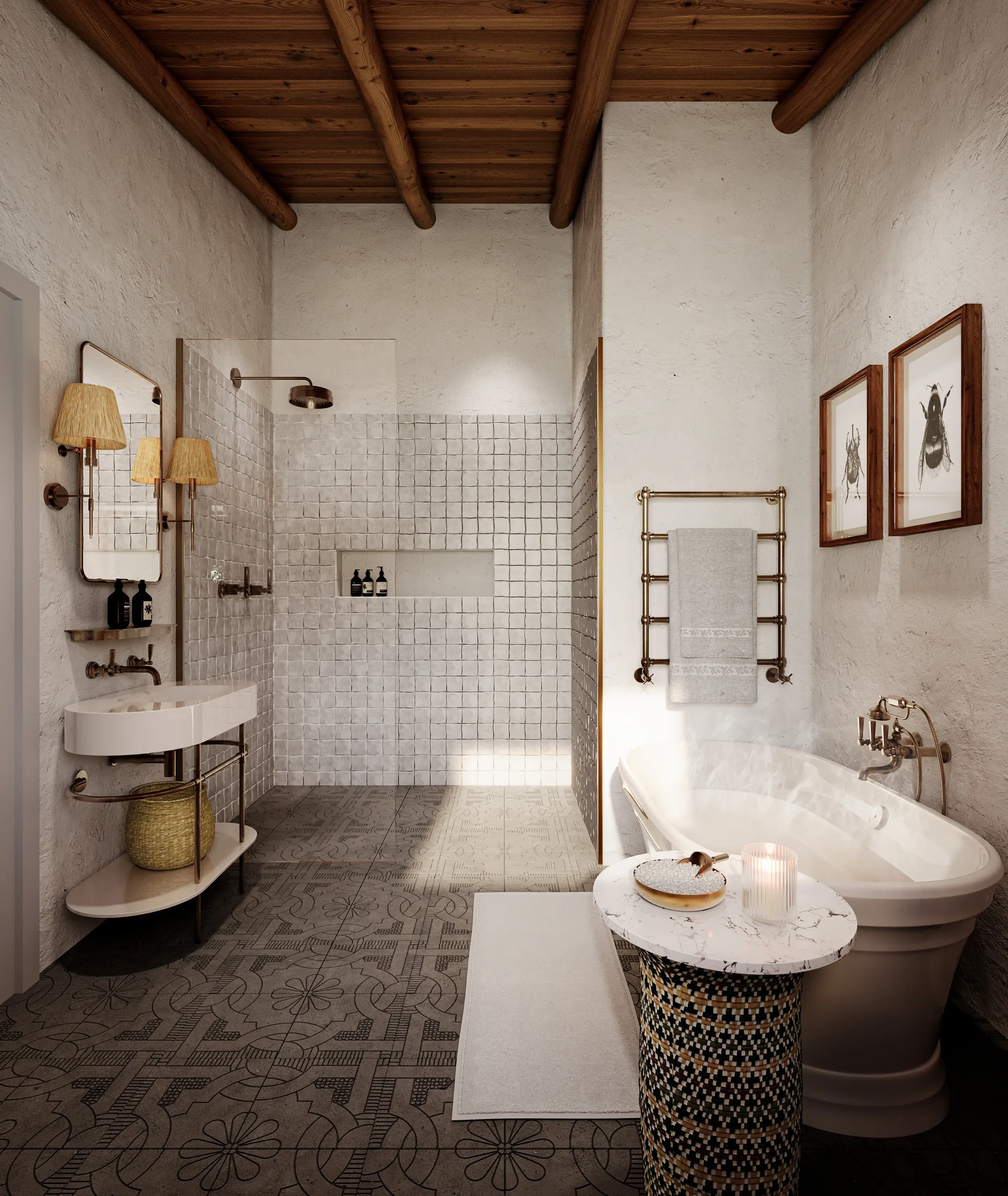 Architectural 3D visualization of contemporary bathroom with freestanding tub