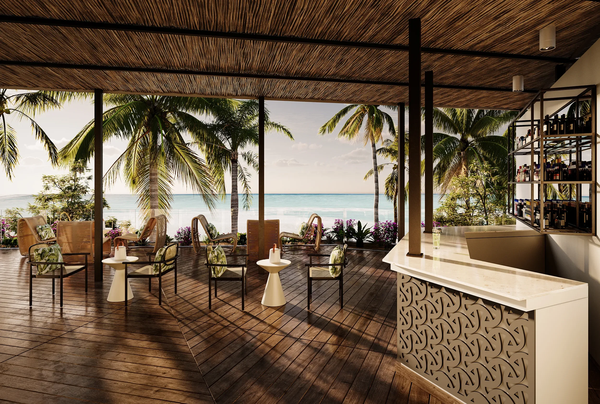 3D rendering of modern beachfront bar with ocean view