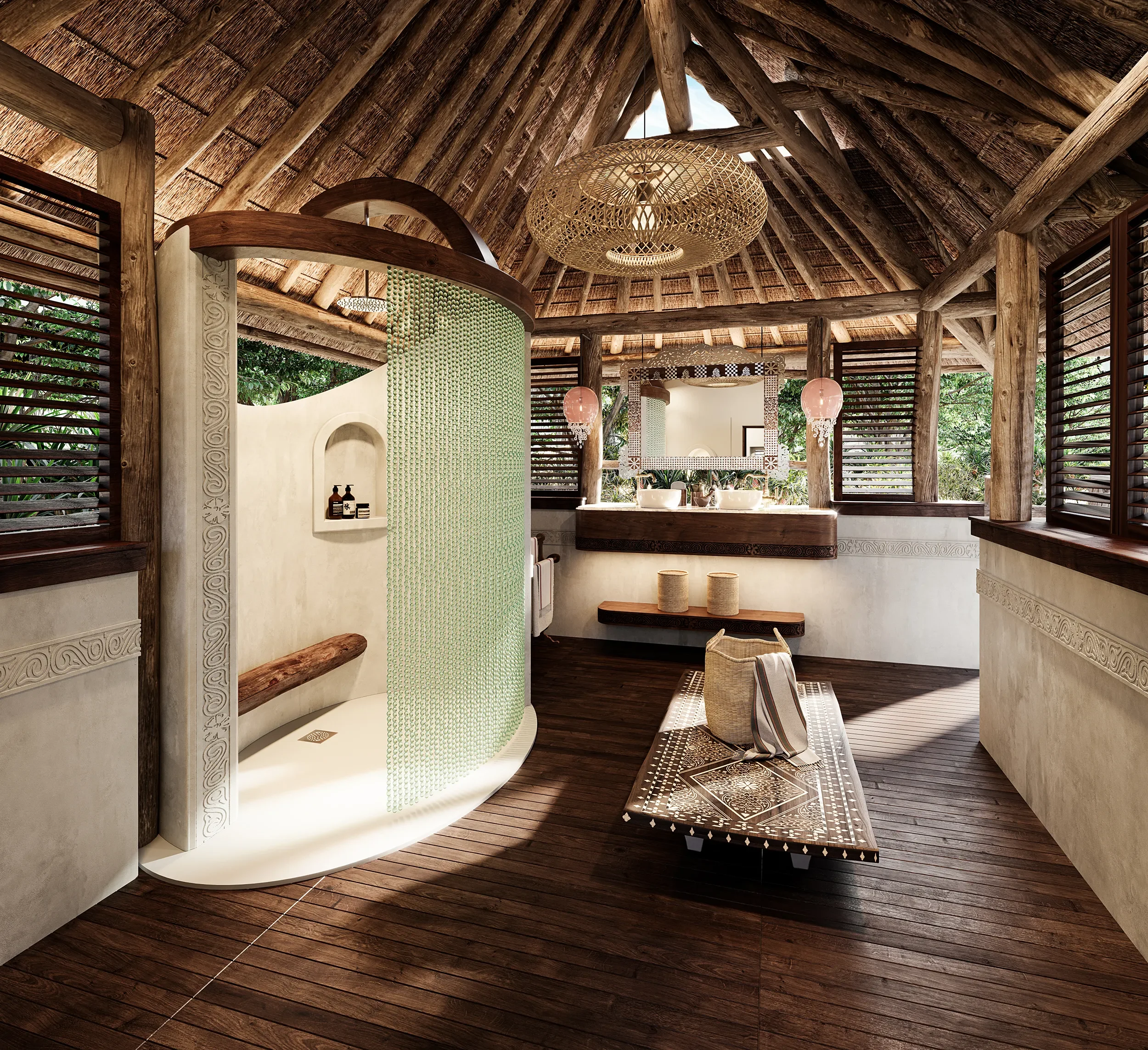 Photo-realistic 3D render of stylish beach house bathroom design