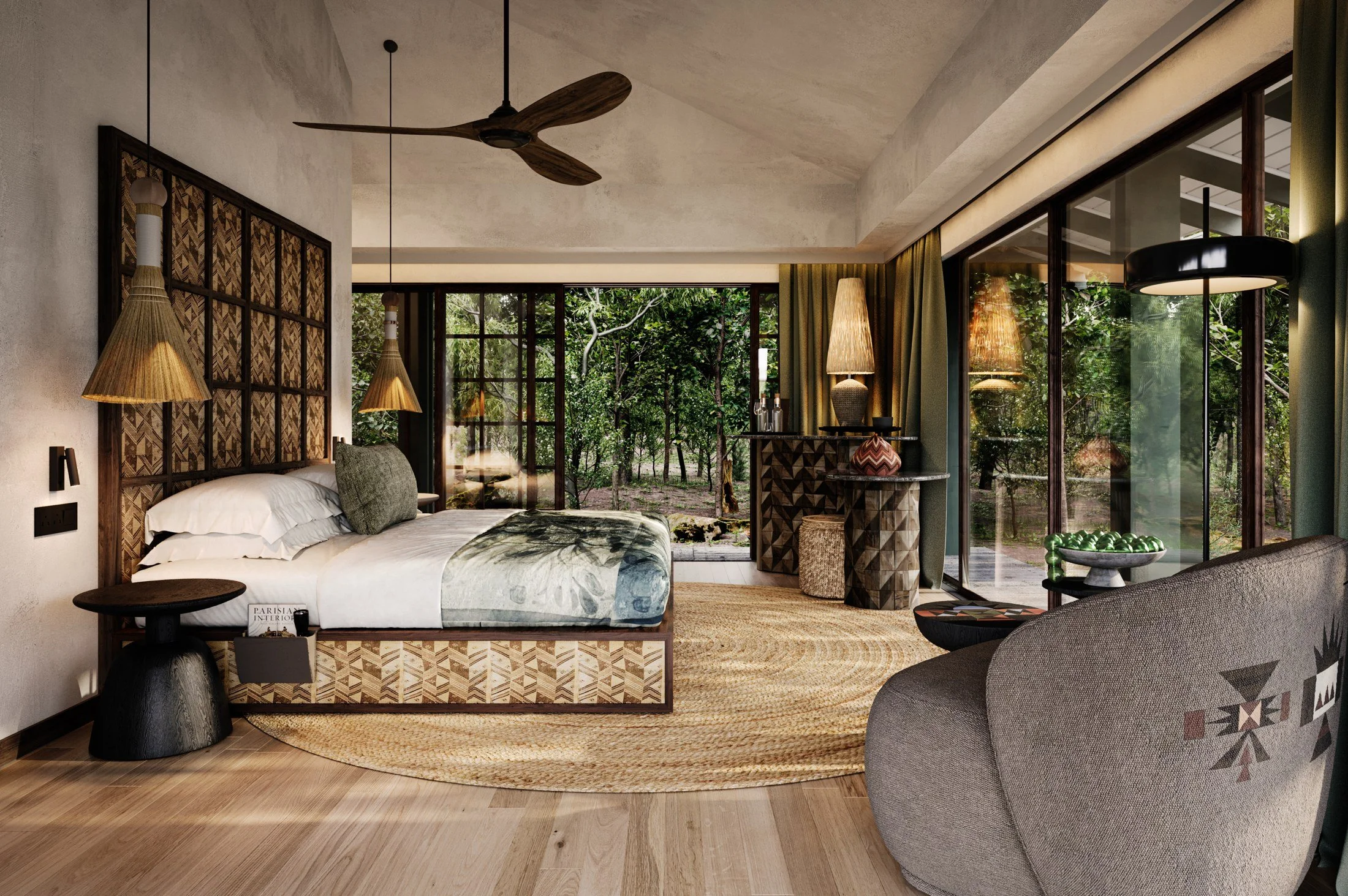 Guest Suite — Design render
Framing the forest

The suite render combines a tall framed headboard, tapered pendants, green textiles and a circular woven rug. Broad glazed openings bring the forest into the composition.