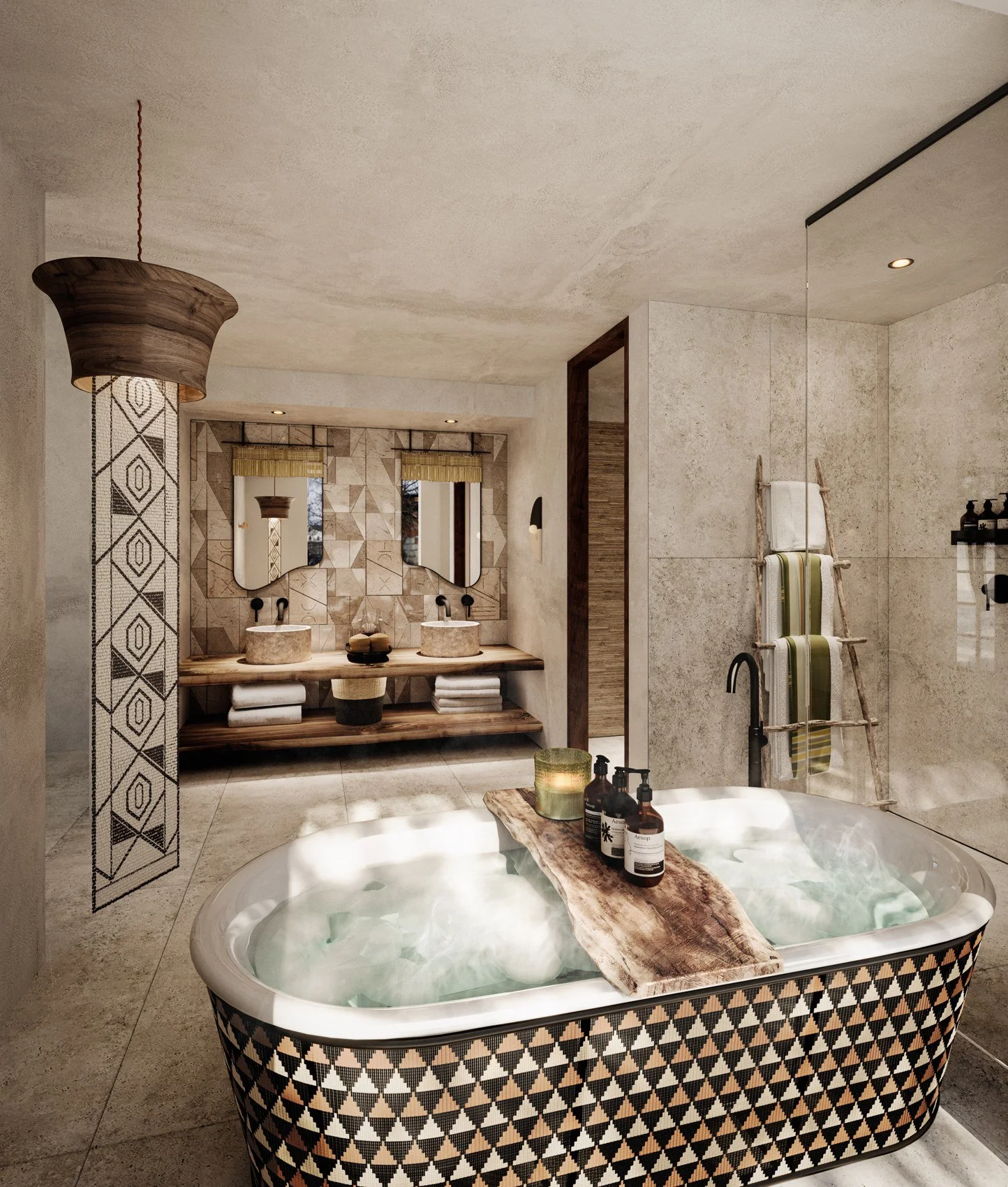 Guest Bathroom — Design render
A shared language of pattern and texture

A patterned freestanding bath, geometric wall treatment and timber vanity define the rendered bathroom. A suspended decorative feature and ladder-style towel rail add vertical a