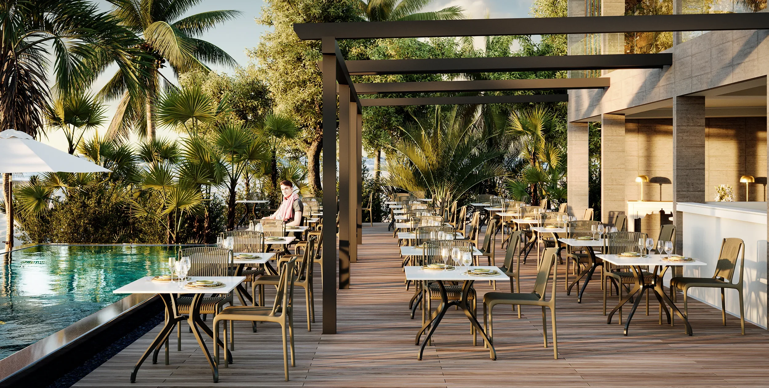 3D architectural rendering of beachside restaurant for hospitality project