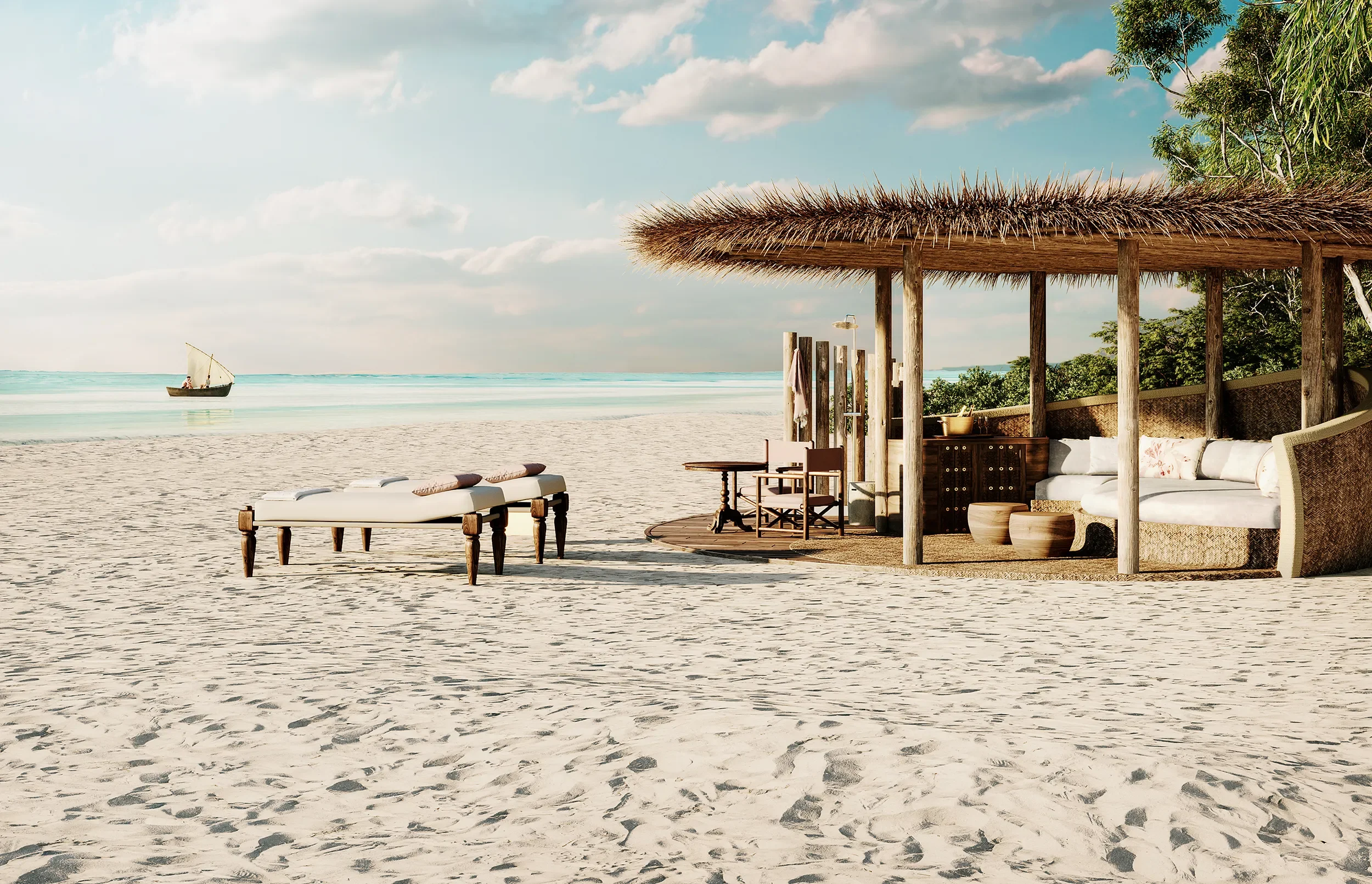 3D rendering of modern beach bungalow exterior with tropical landscaping