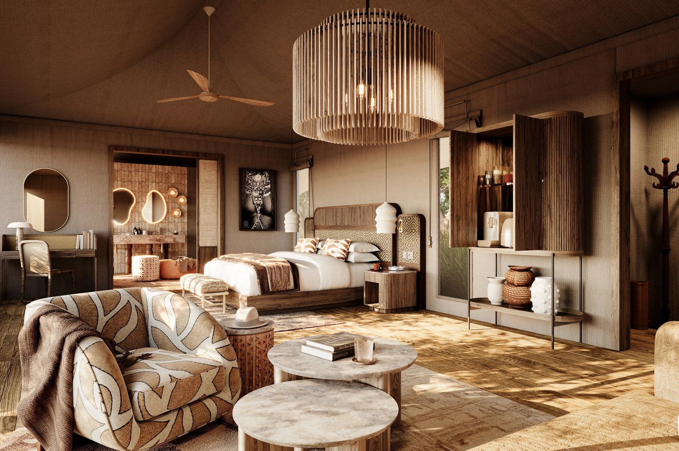 Tented Suite — Design render
Visualising the guest experience

The render brings the sleeping, seating and vanity areas into one view. The completed suite retains recognisable features including the oval mirror, bedside pendants and drinks cabinet.