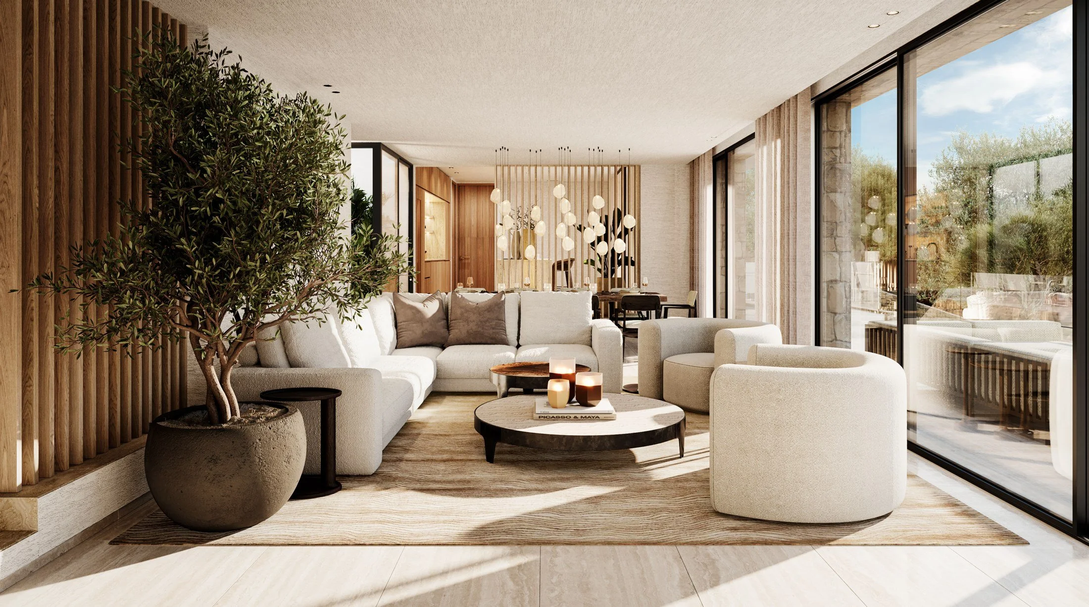 Great Room — Design render
Soft forms and a connected living space

The render brings together curved seating, a large indoor tree and a cluster of dining pendants. Timber screens and full-height glazing frame the open living and dining areas.