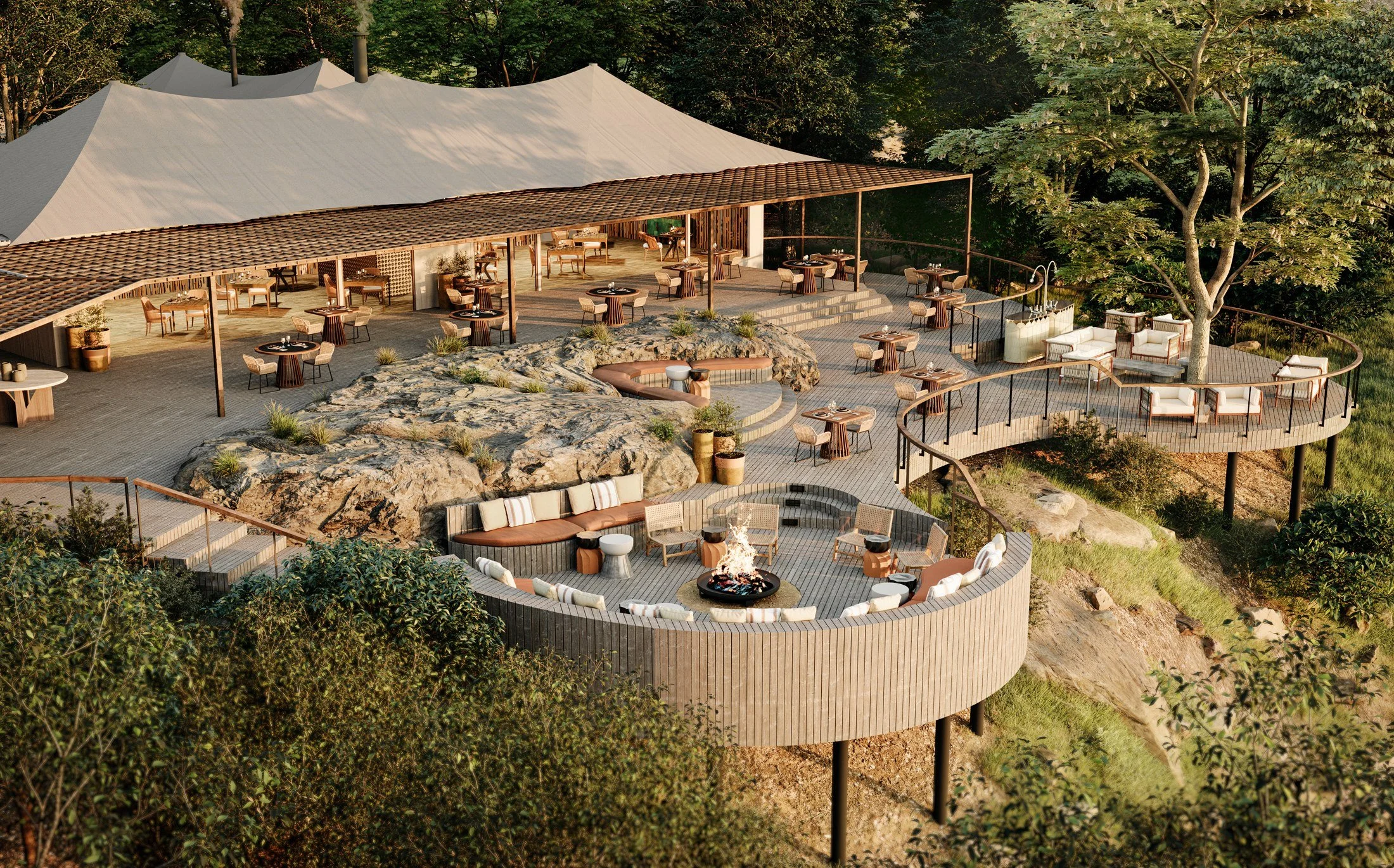 Deck & Firepit — Design render
Architecture shaped around the outdoors

The render focuses on the tiered deck, circular firepit seating and retained rock formations. The completed photograph places these outdoor spaces within the wider lodge setting.
