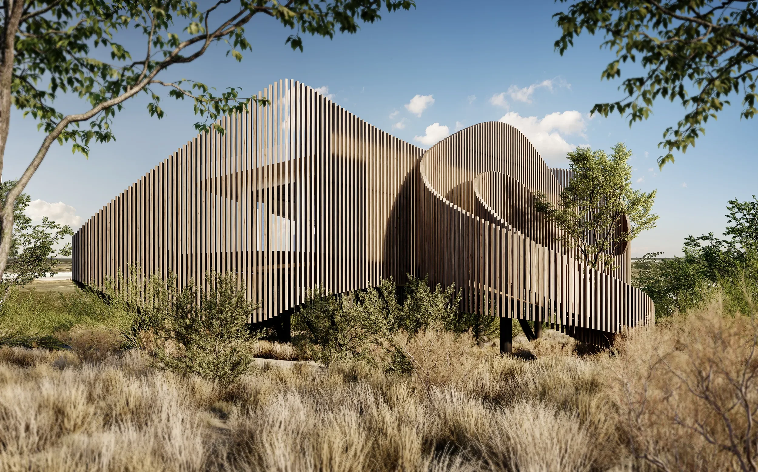 Photo-realistic 3D render of lodge guest unit set on expansive salt pan landscape