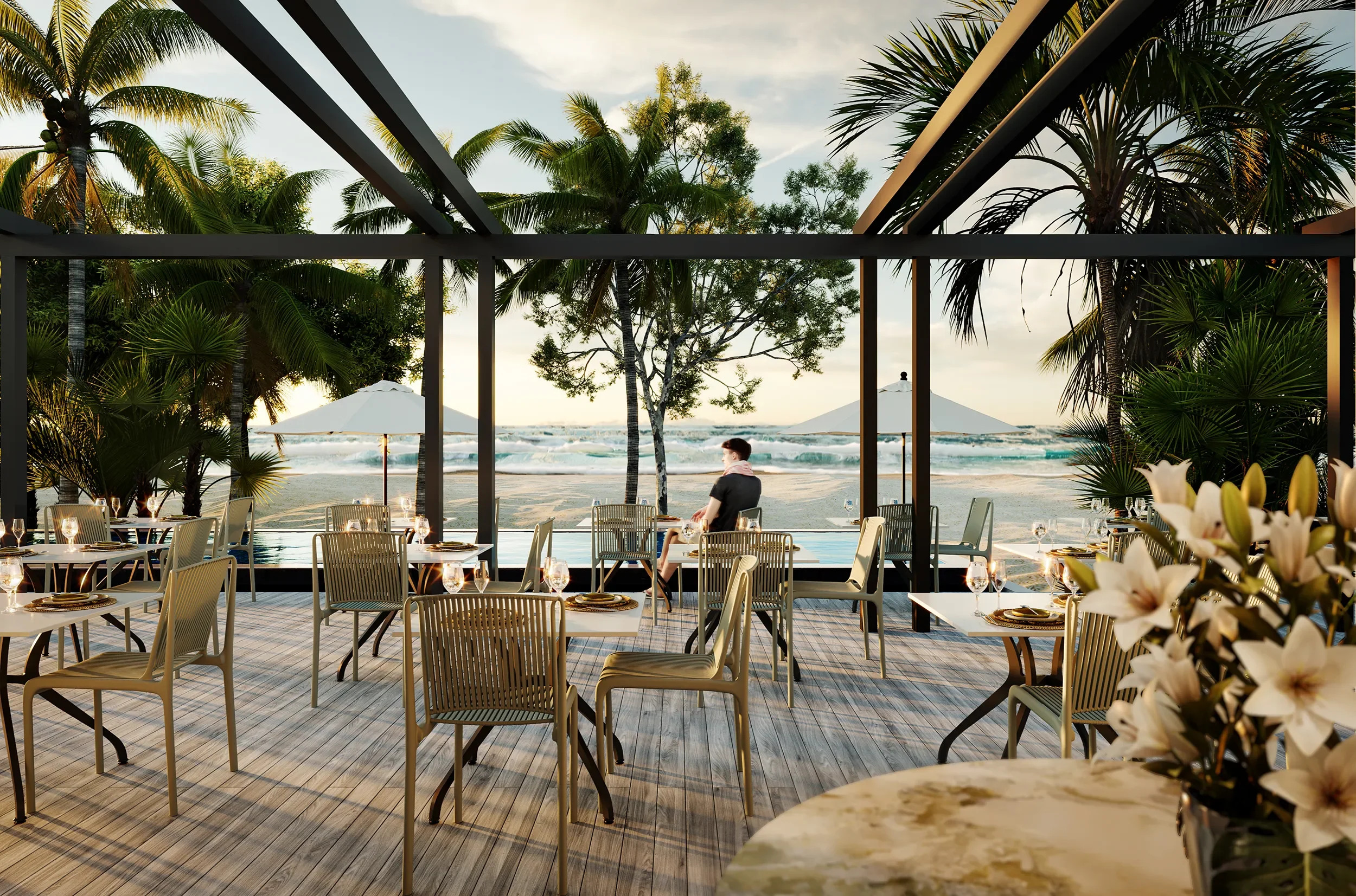 3D rendering of beachfront restaurant exterior at sunset
