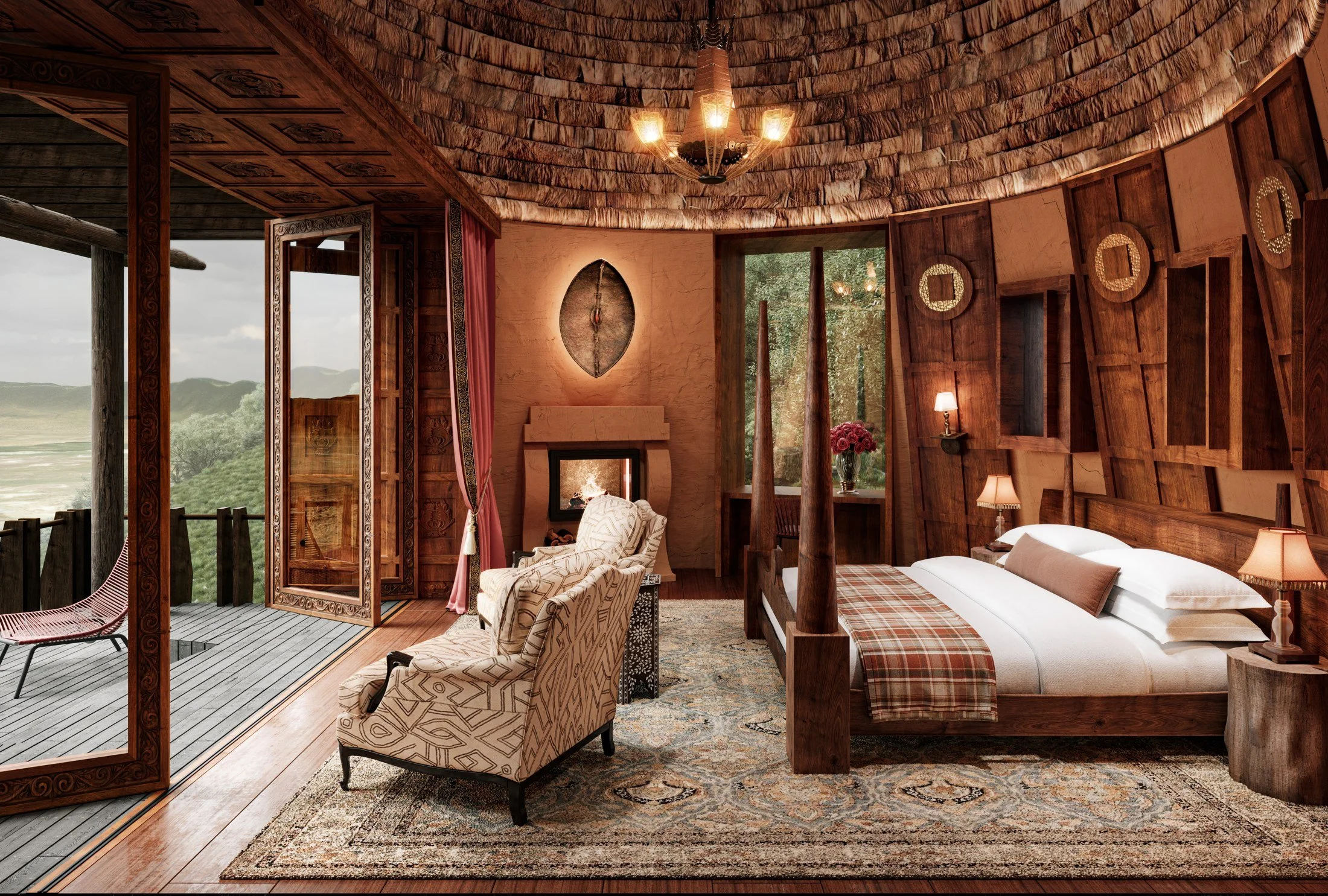 Guest Suite Interior — Competition render
Making the experience tangible

Warm timber, a textured curved ceiling and firelight establish the suite's atmosphere. The open doors connect the bedroom and seating area to the terrace and distant landscape,
