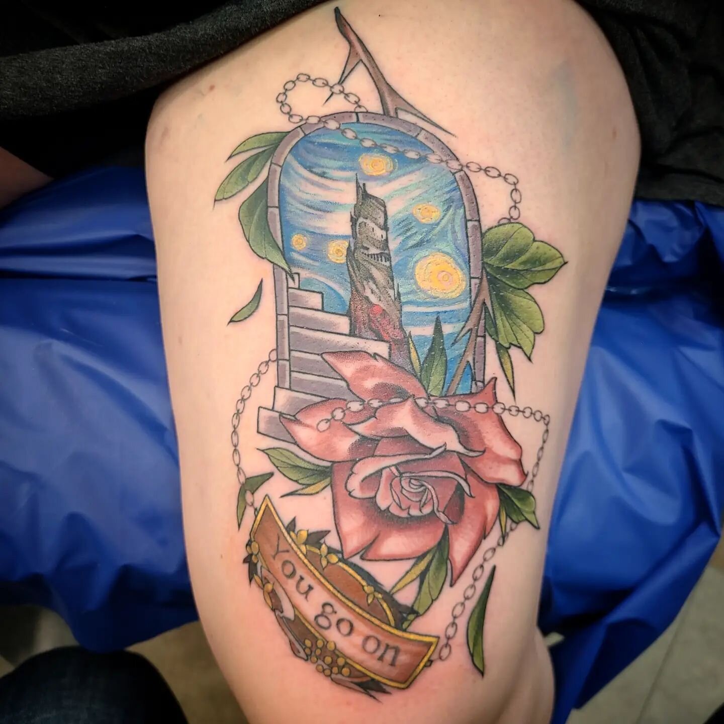 Dark tower rose tattoo. #americantattoostudios #traditionaltattoo #rosetattoo #darktower #destroytroy #banemade #colortattoo #neotraditionaltattoo  #drvodkatattoos #neotraditionaltattoos #tattoos #tattoo #rosetattoos #ohiotattooartist #ohiotattooers 