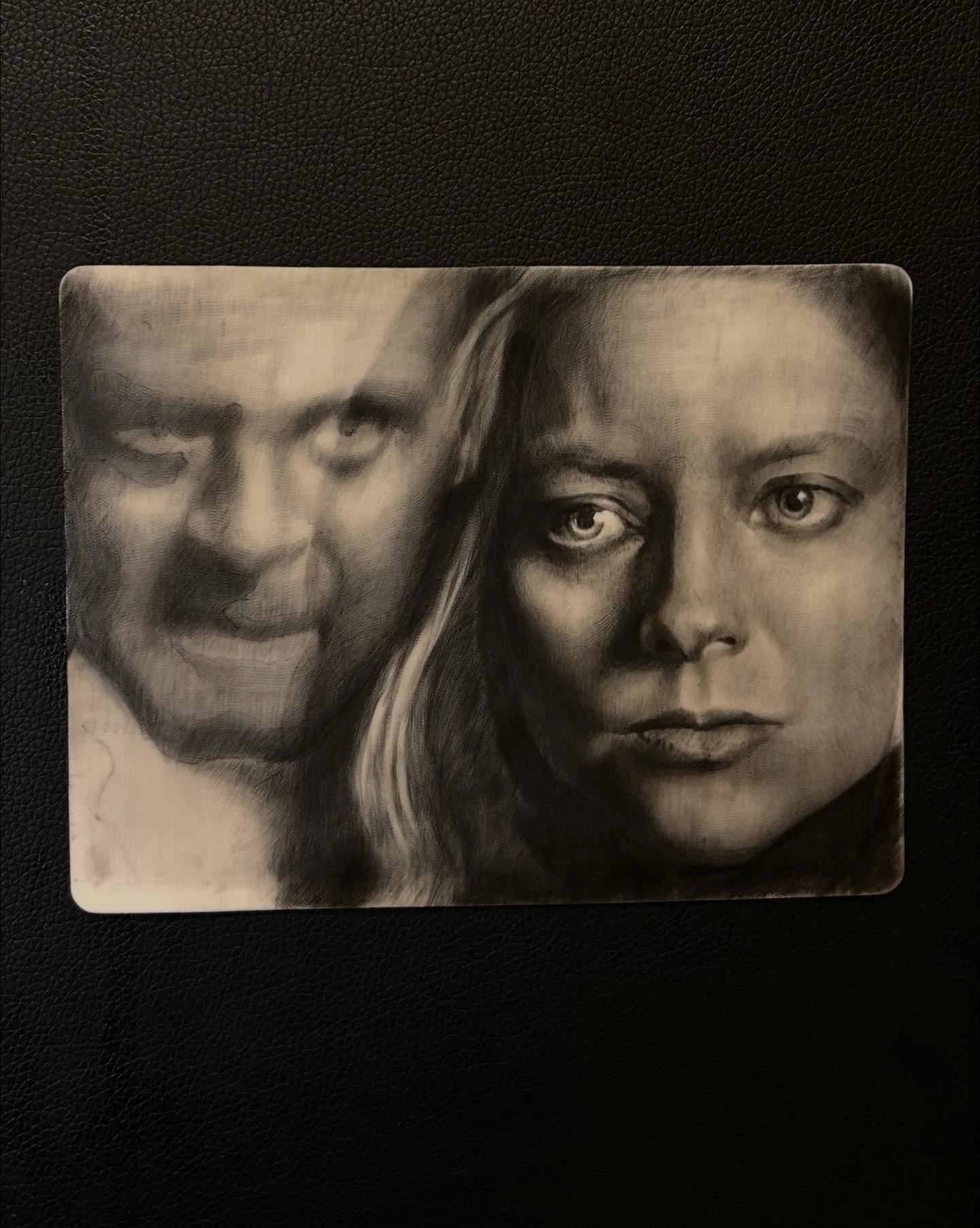 silence of the lambs double portrait on fake skin, finished today! big challenge but i&rsquo;m getting my hours and making progress. this was the first horror movie i ever watched, i love jodie foster and i endorse every action taken to impress her :