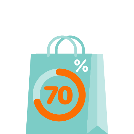 A mint green bag, with an orange '70%' overlaid across the top