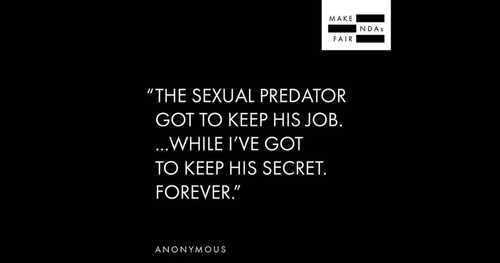 Black background, white text "The Sexual Predator got to keep his job, while I've got to keep his secret forever. Make NDA's Fair"