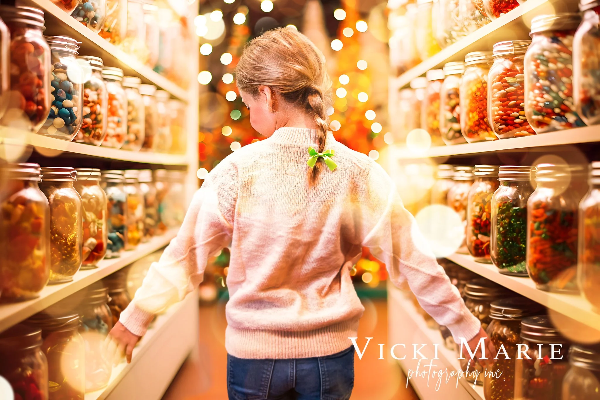 A girl with a braid and a green ribbon, wearing a light pink sweater, shopping for candy in a store aisle lined with jars of colorful candies.