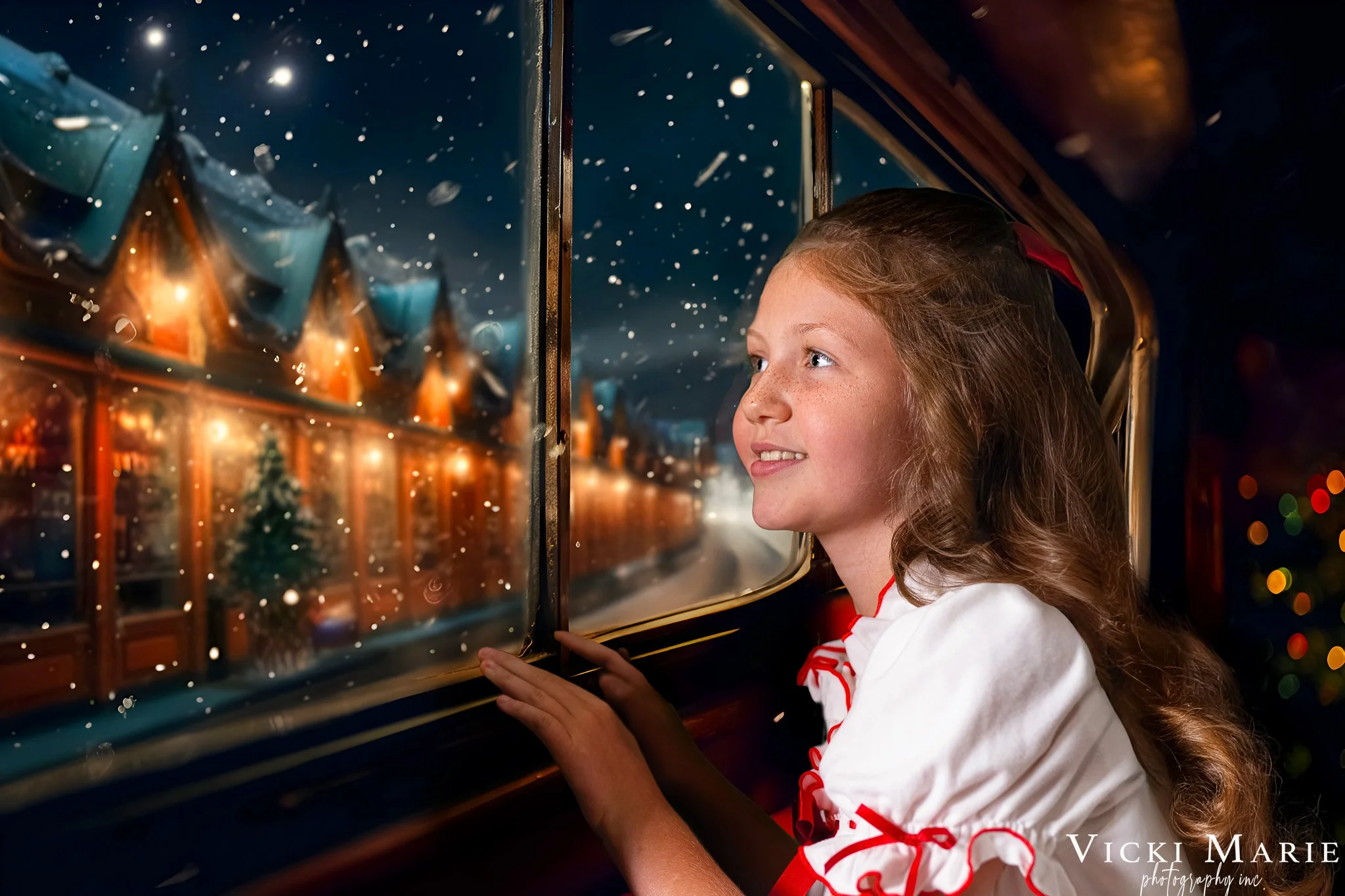 A girl with red hair looking out a window on a train during Christmas, with snow falling outside and festive lights inside.