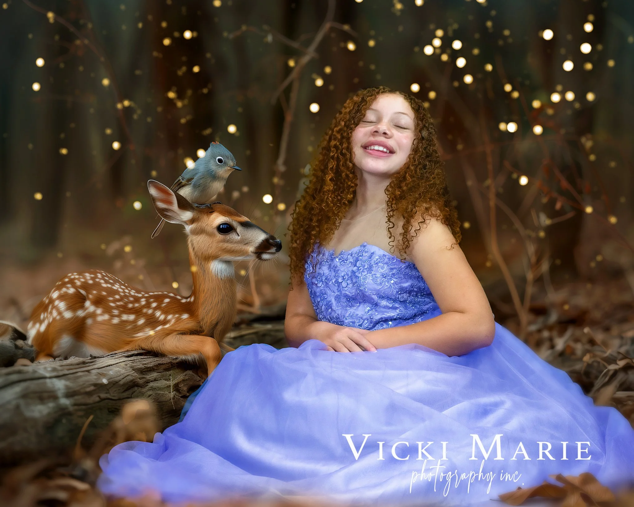 A girl with curly red hair wearing a blue dress sitting on the ground in a forest setting with a small bird and a deer. The girl is smiling with her eyes closed. There are glowing lights in the background.