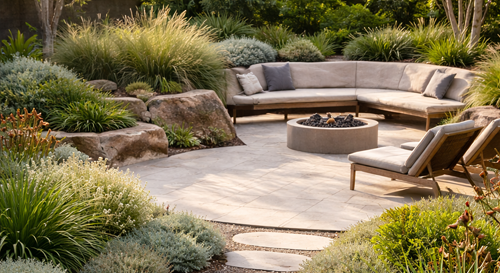 Contemporary Australian landscape design with stone and native plants, Templestowe