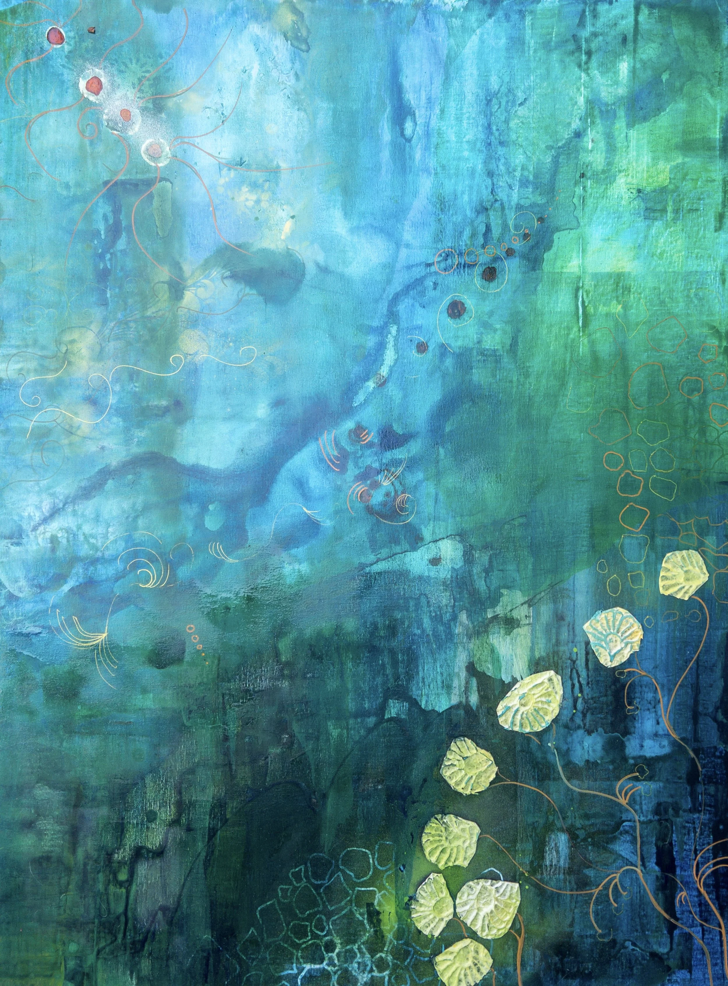 Erin Starr, "Waters Flow".	The painting is an abstract reflection of the water; the transparent colors and movements, vivid and reflective. I have used a mix of painting mediums as well as handmade paper.  40x30, $1,900