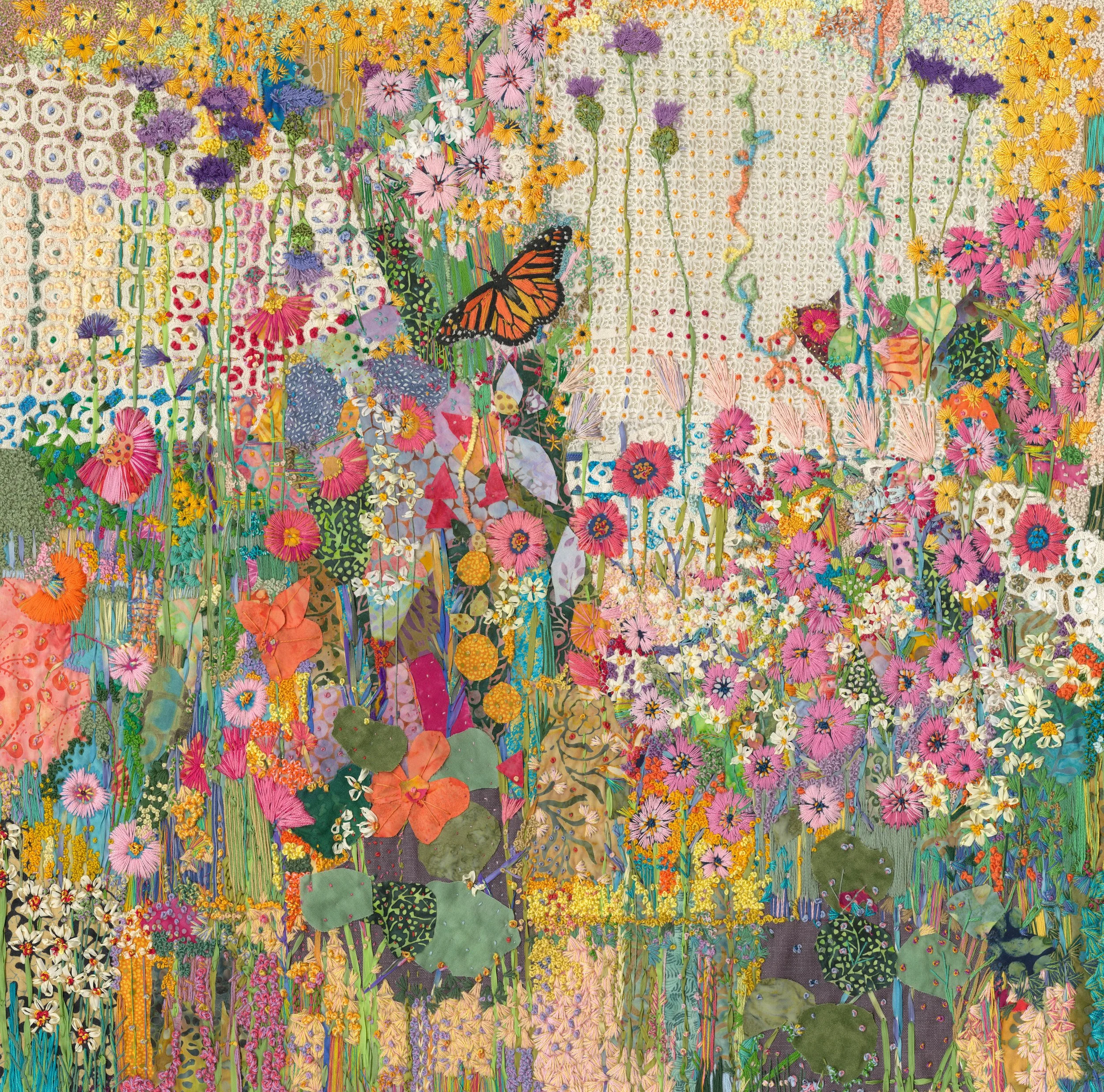 First Place Mixed Media, Marcia	Ballou, "Monarch", Textile hand stitched collage with silk and cotton threads and antique crochet , 32x32, $8,000 